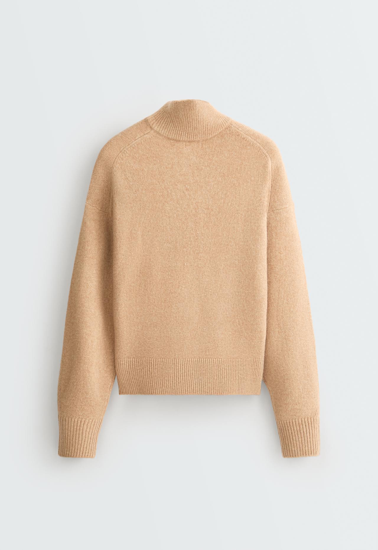 High-neck knit jumper with half-zip — CAMEL