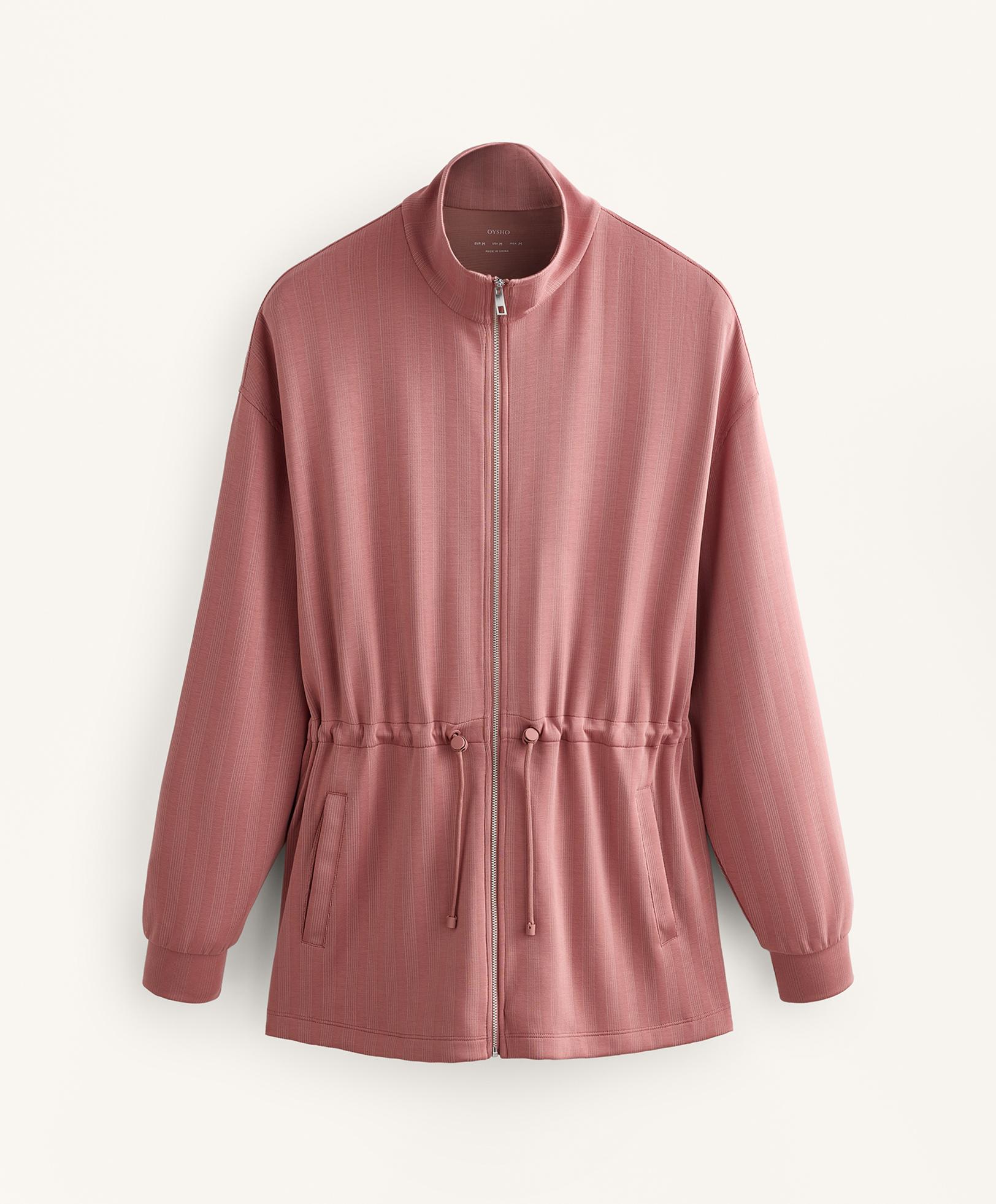 Long jacket with adjustable waist and striped texture — RUSSET MOCHA