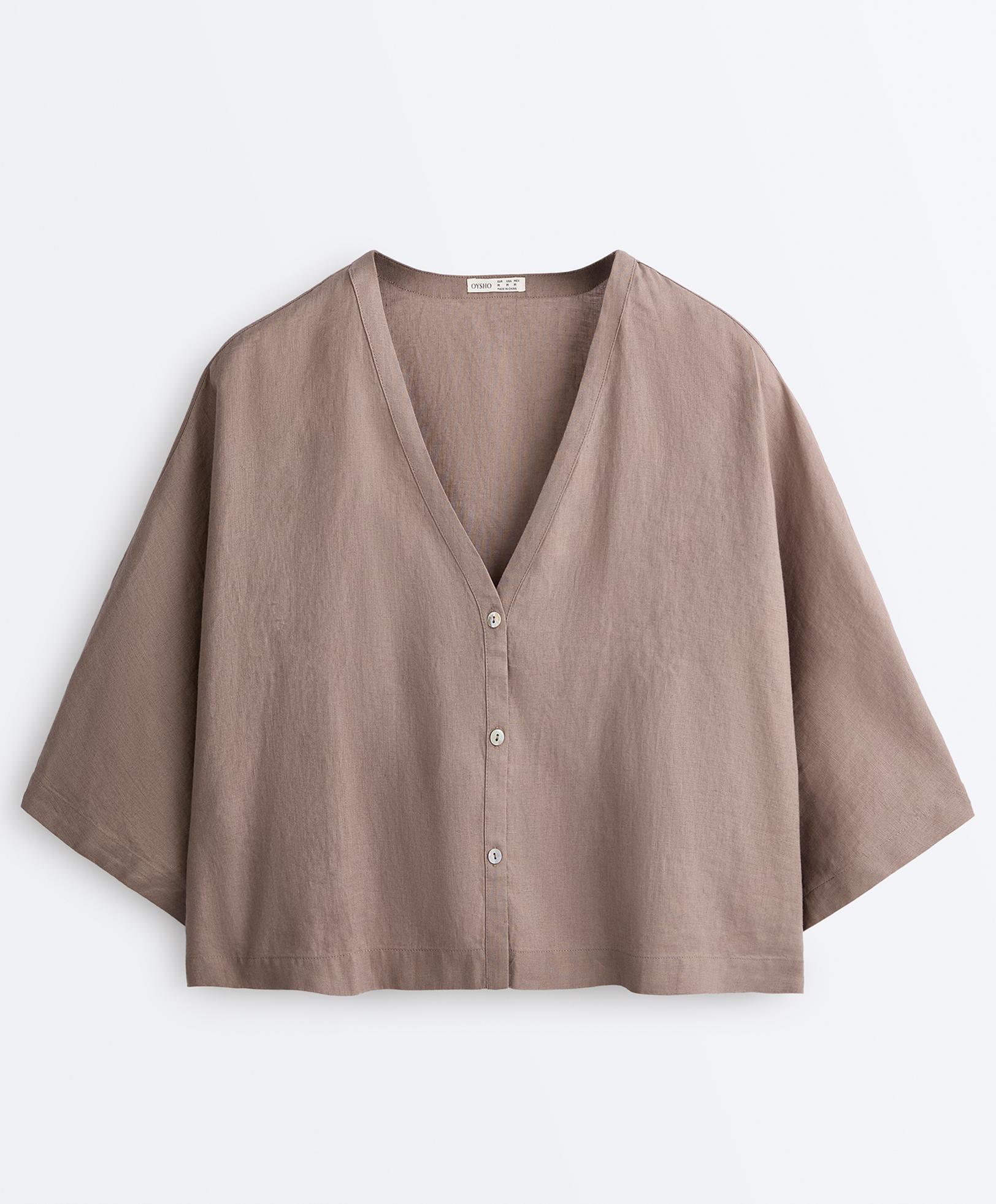 100% linen short-sleeve shirt — TAUPE-GREY