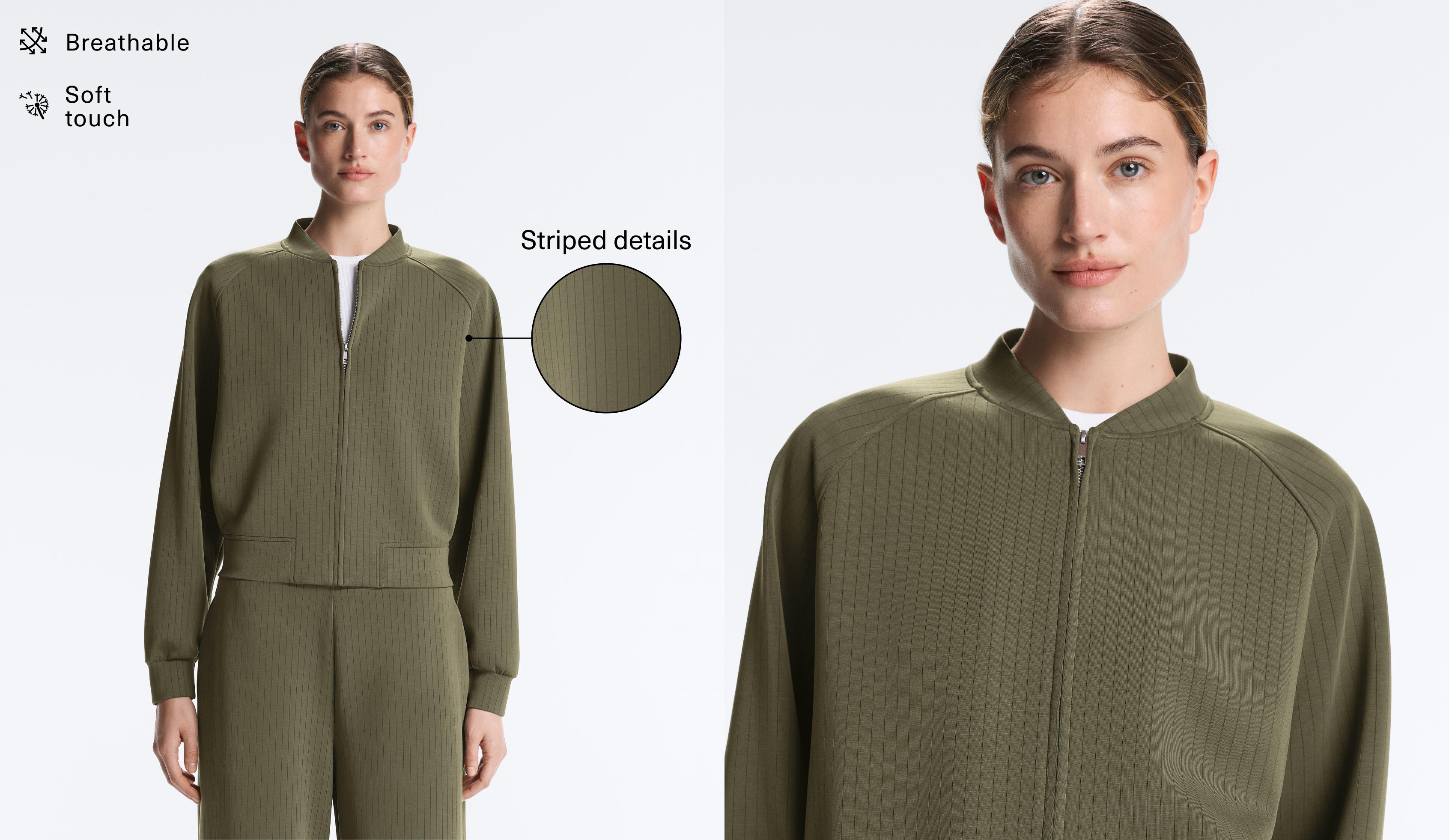 Striped bomber jacket with soft-touch modal — KHAKI