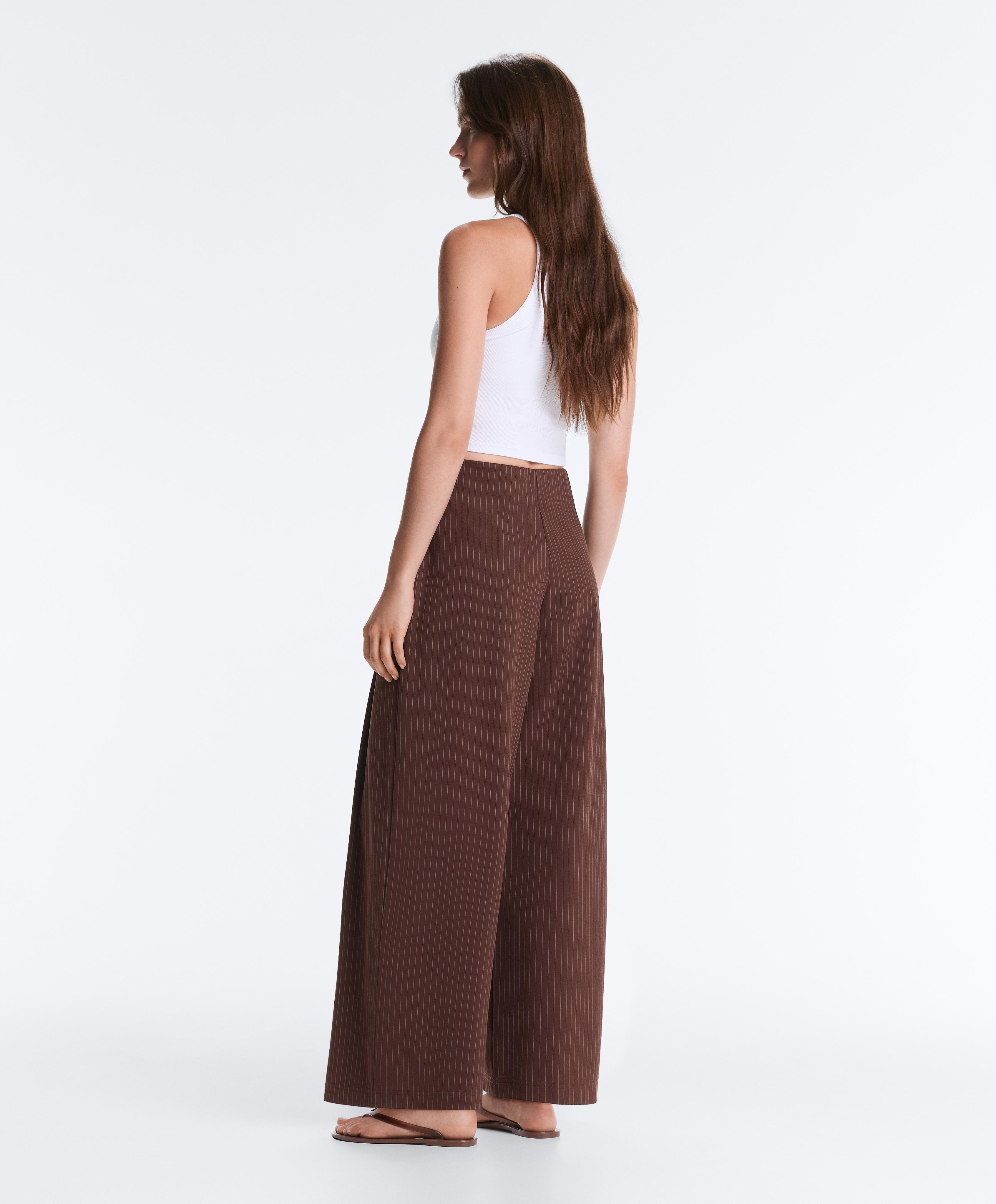 Wide-leg piqué pinstripe cotton trousers — CHOCOLATE