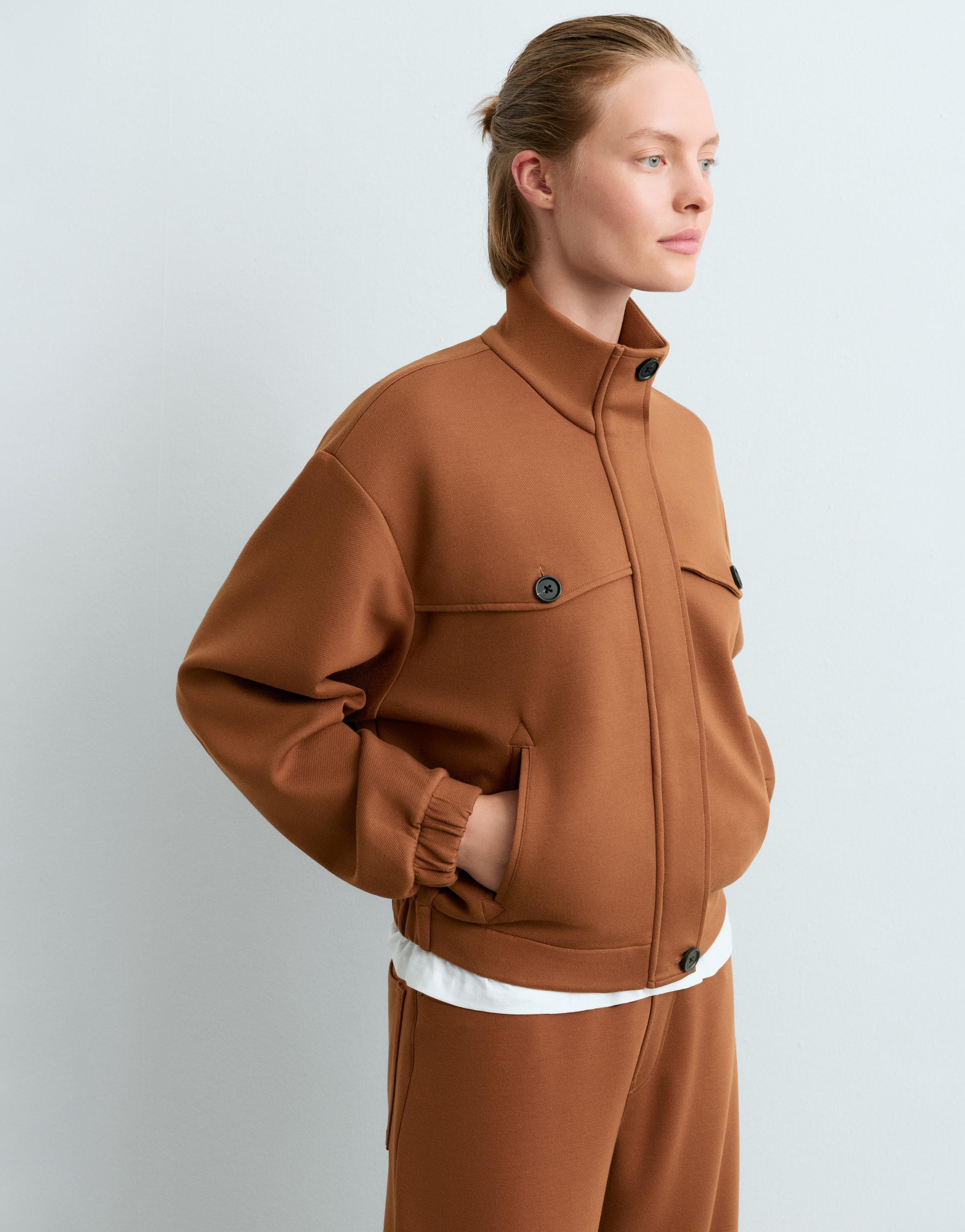High-neck cropped jacket — COGNAC