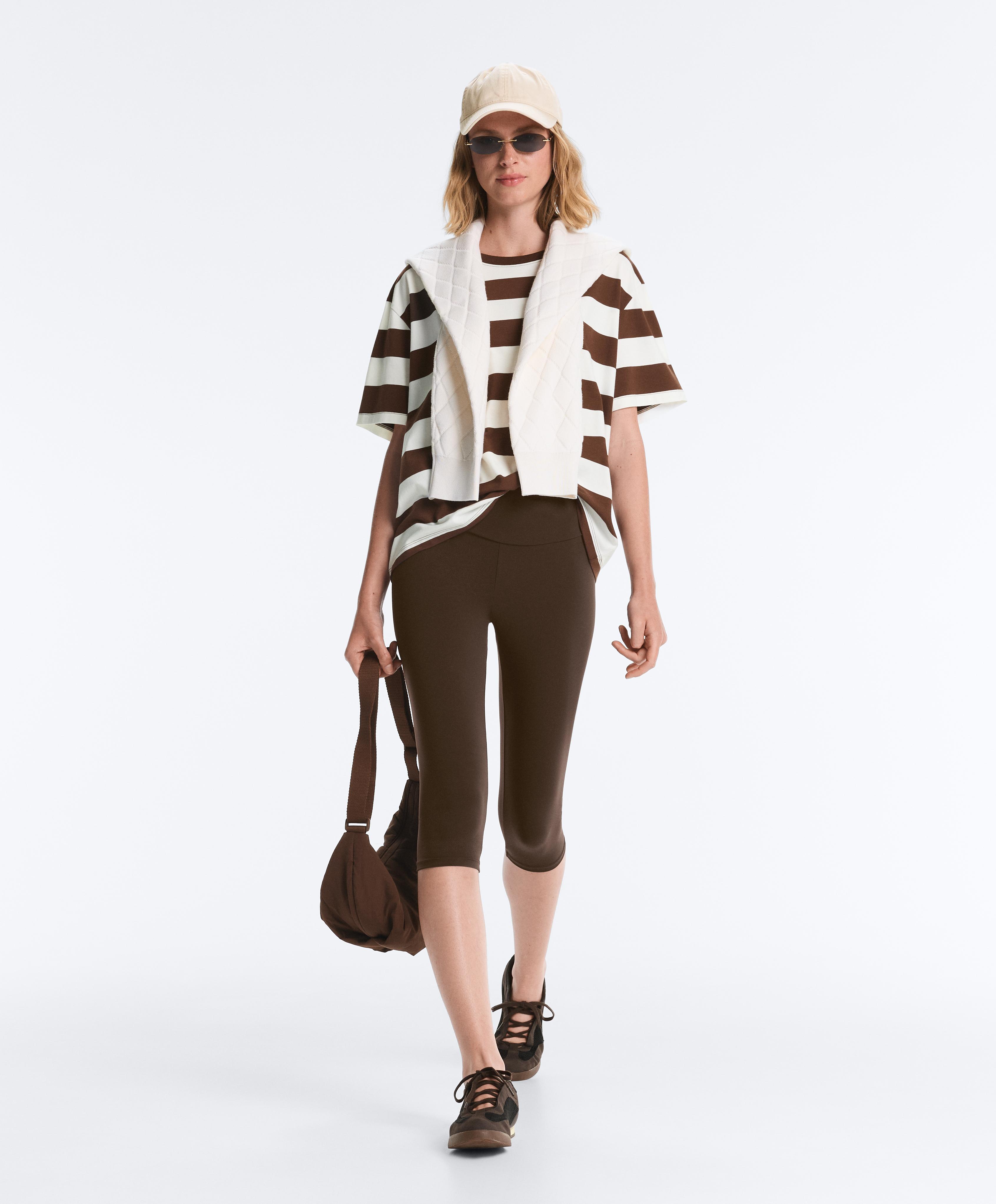 Striped boxy short-sleeve cotton blend T-shirt — DARK BROWN