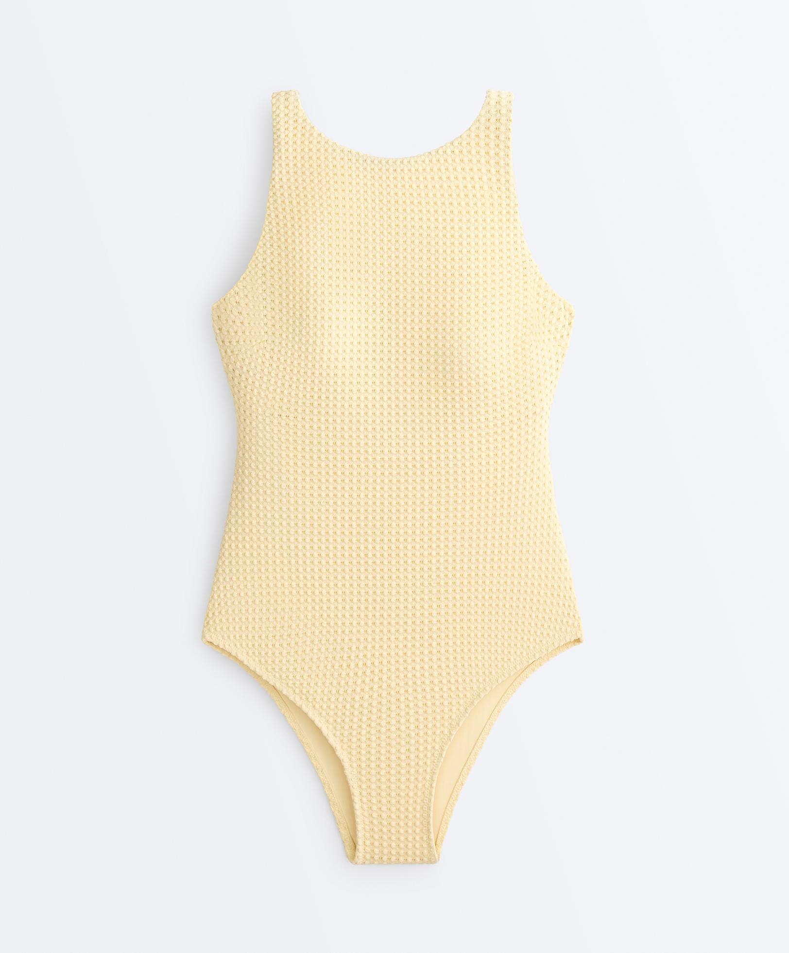 Bubble-texture crochet halter swimsuit — PALE YELLOW