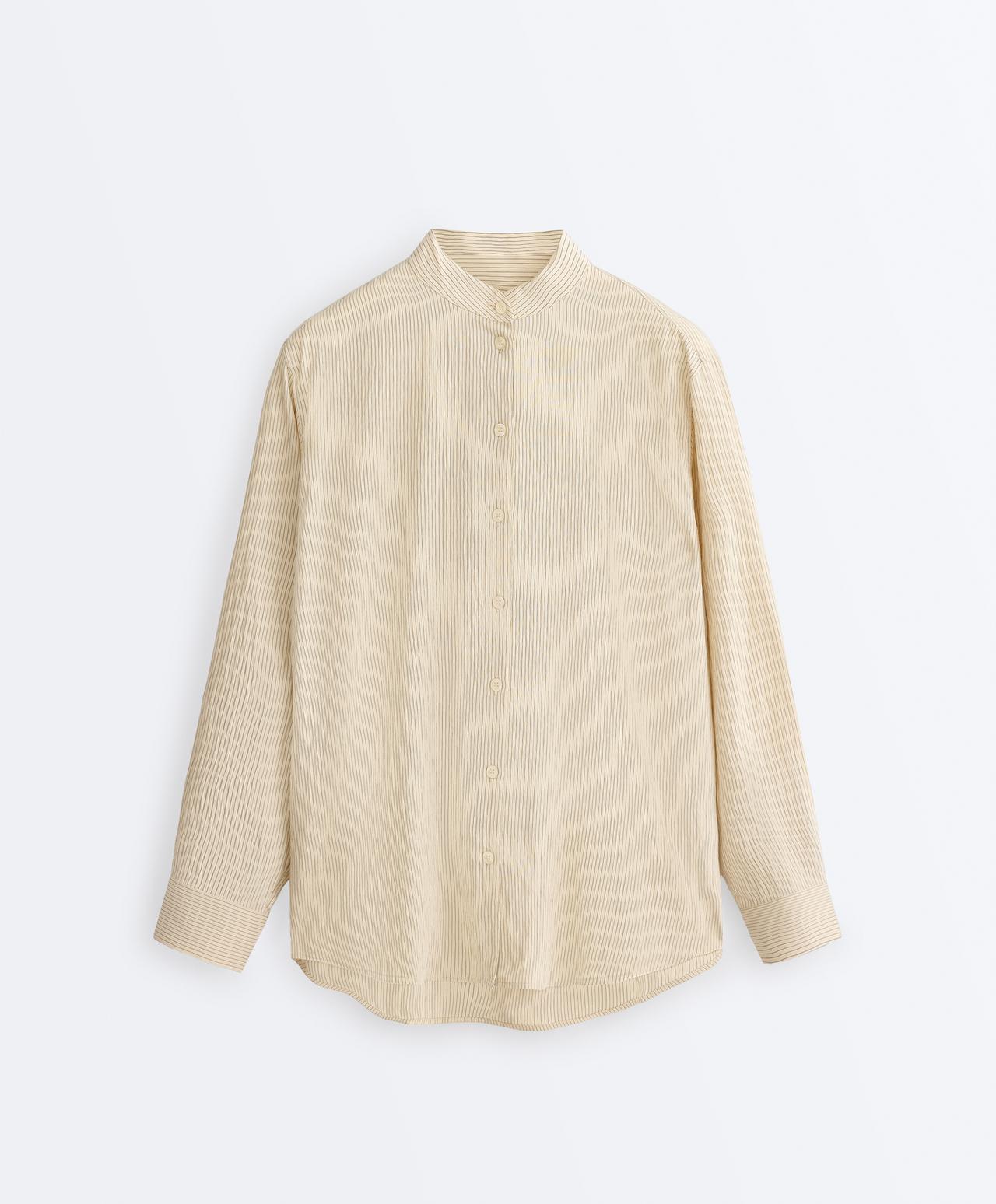 Striped modal blend stand-up collar shirt — PALE ECRU