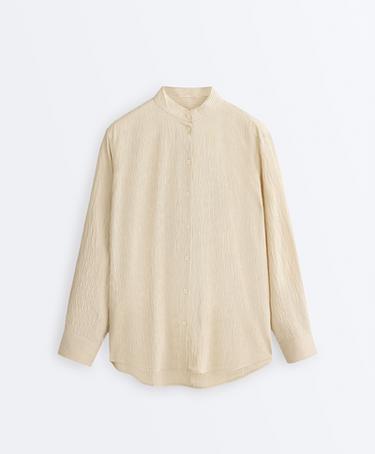 Striped modal blend stand-up collar shirt — PALE ECRU 10