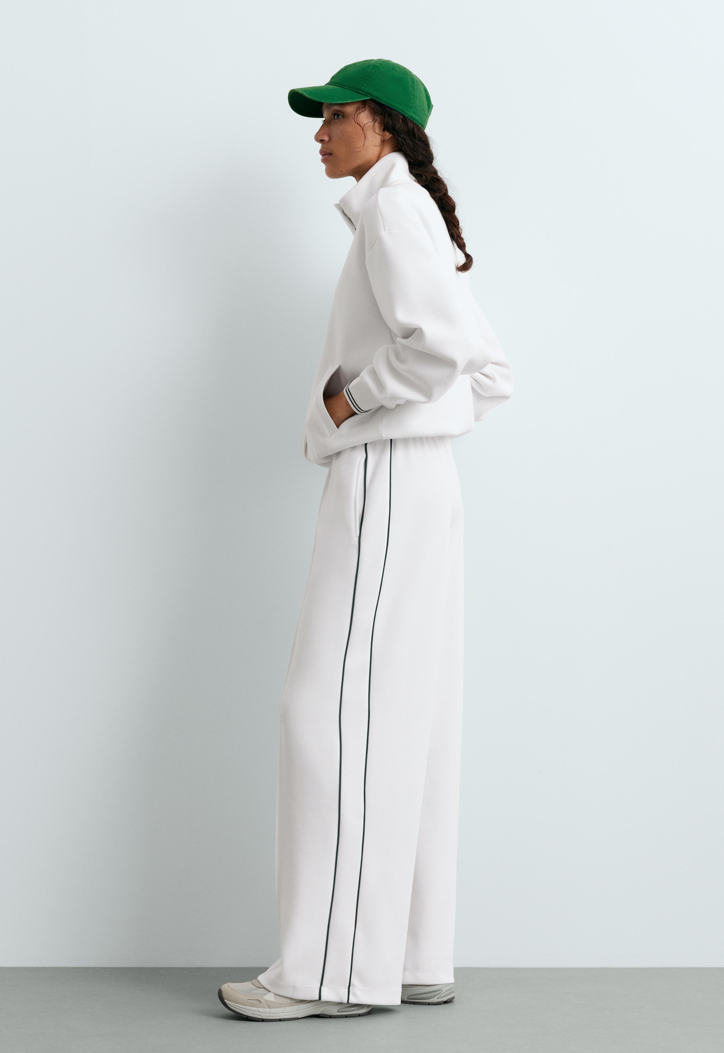 Cotton piqué straight-leg trousers with piping — WHITE