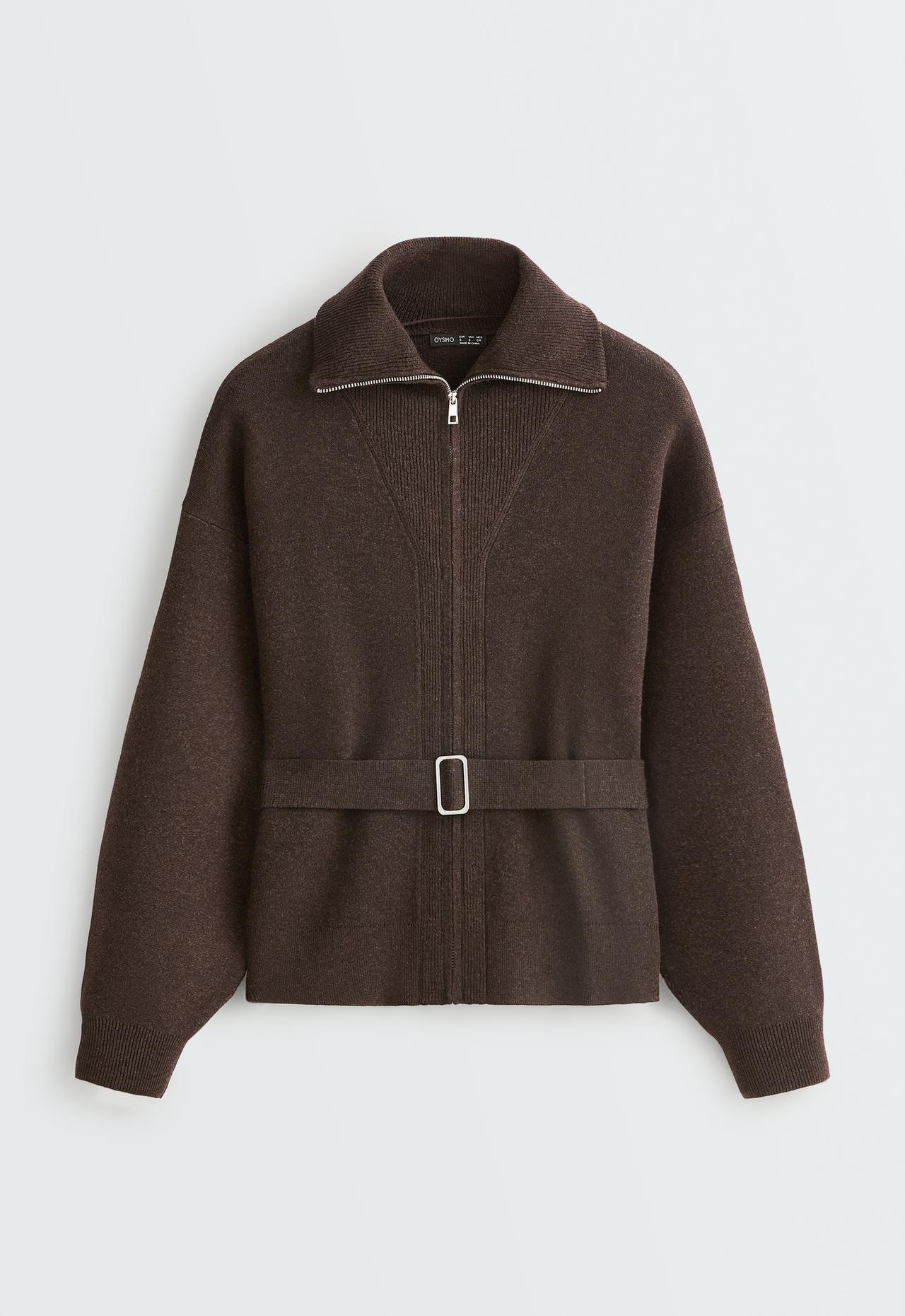 Knit jacket with high collar and belt — BROWN