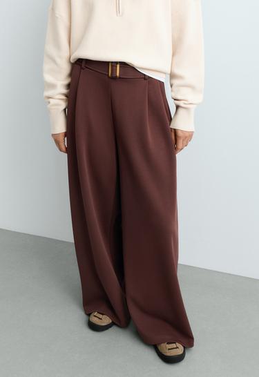 Wide-leg cotton piqué belted trousers — CHOCOLATE 3