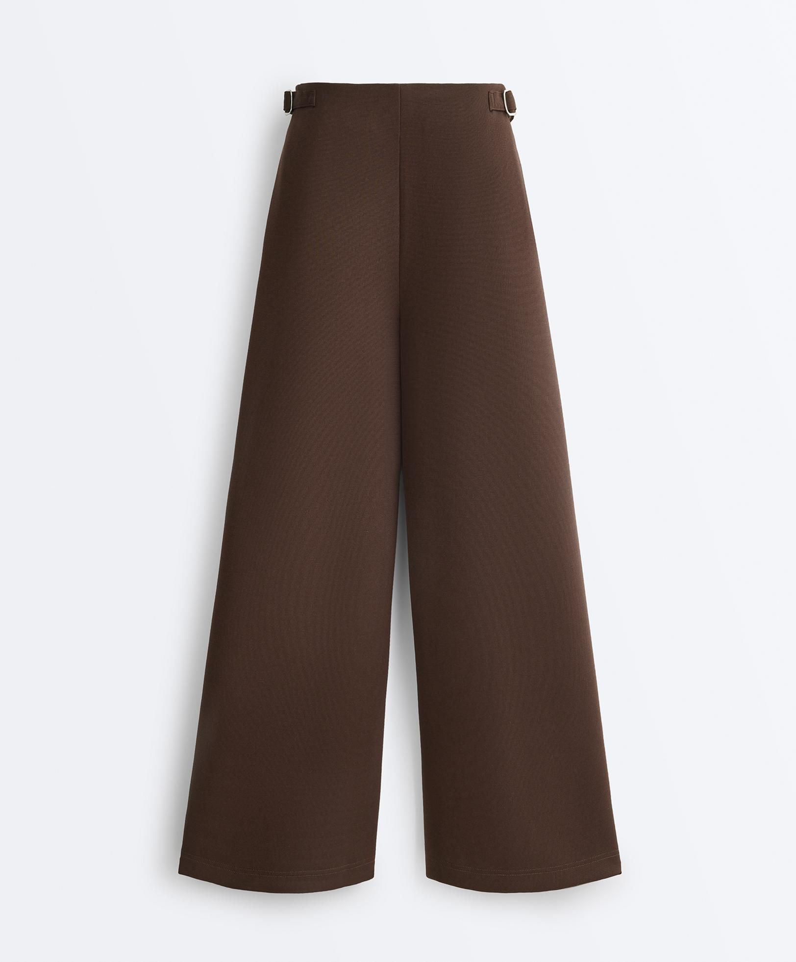 Wide-leg high rise pique trousers with buckles — DARK BROWN