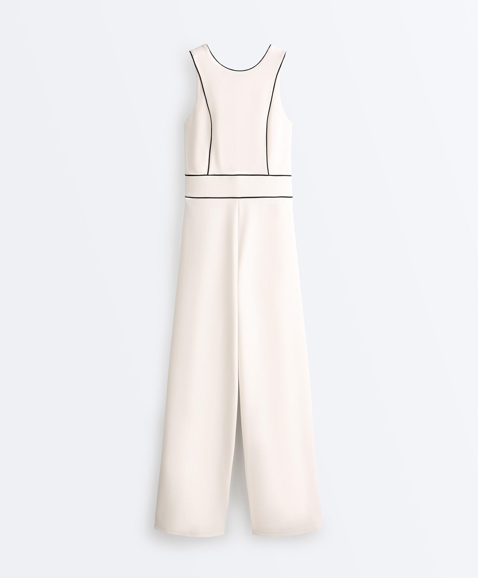 Long piping piqué jumpsuit with cotton — PALE ECRU