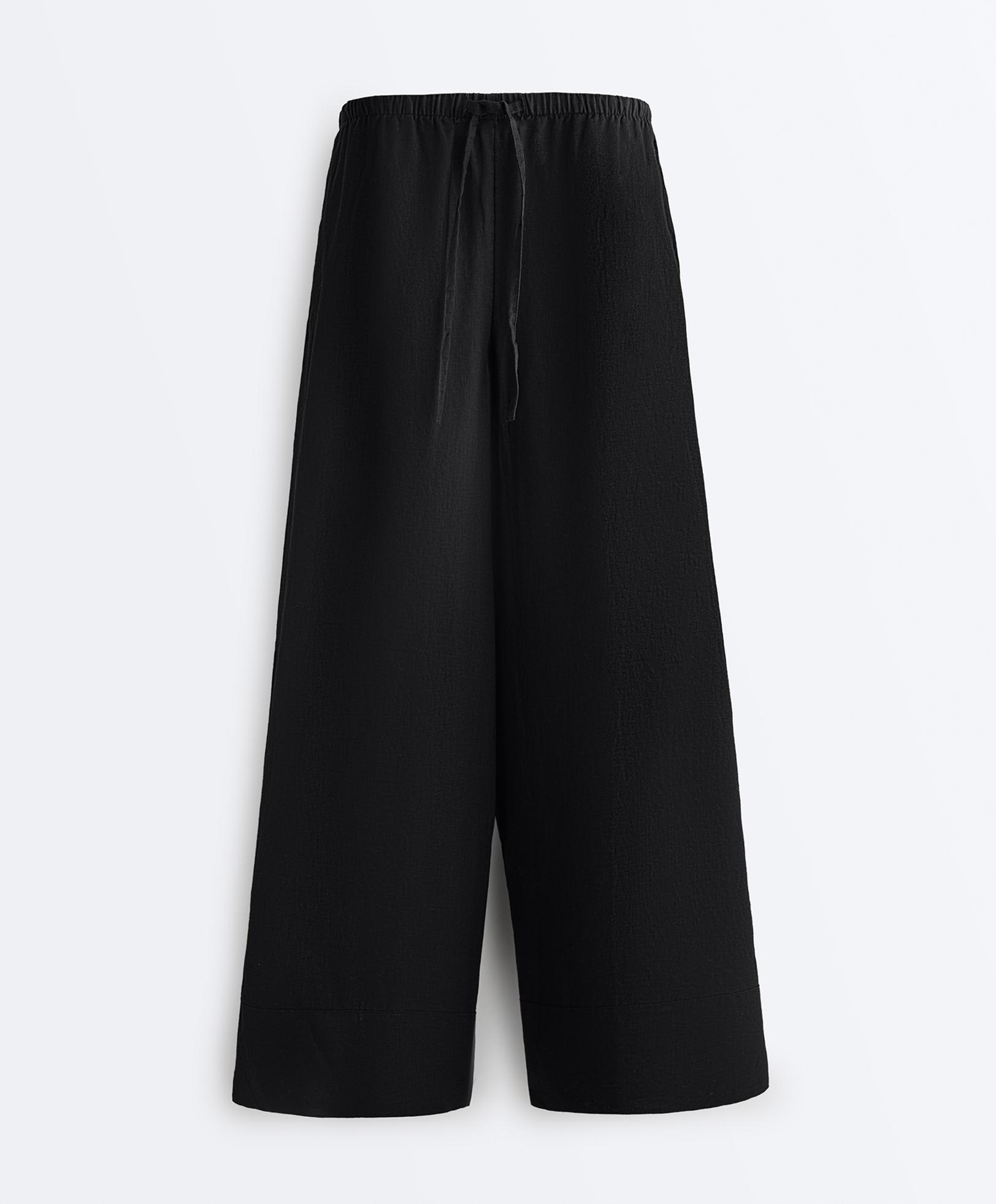 100% linen straight-leg trousers — BLACK