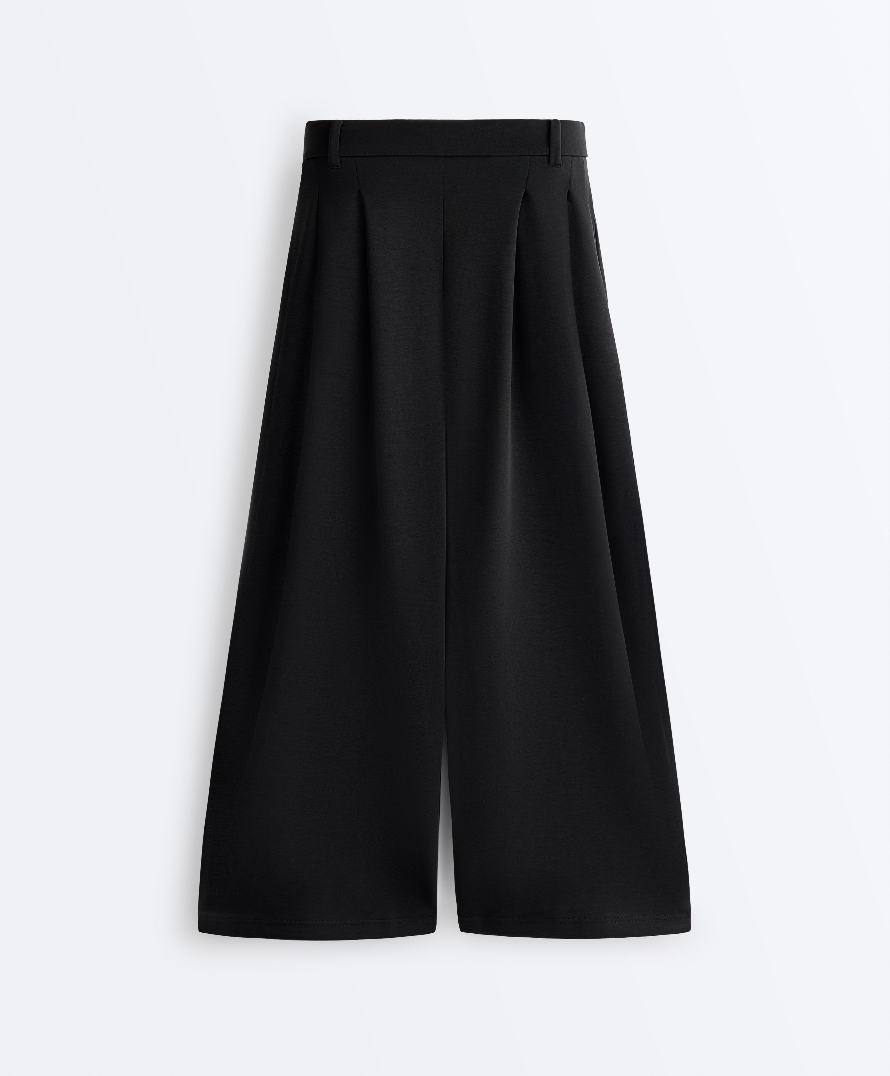 Soft-touch wide-leg crop trousers with modal and pleats — BLACK