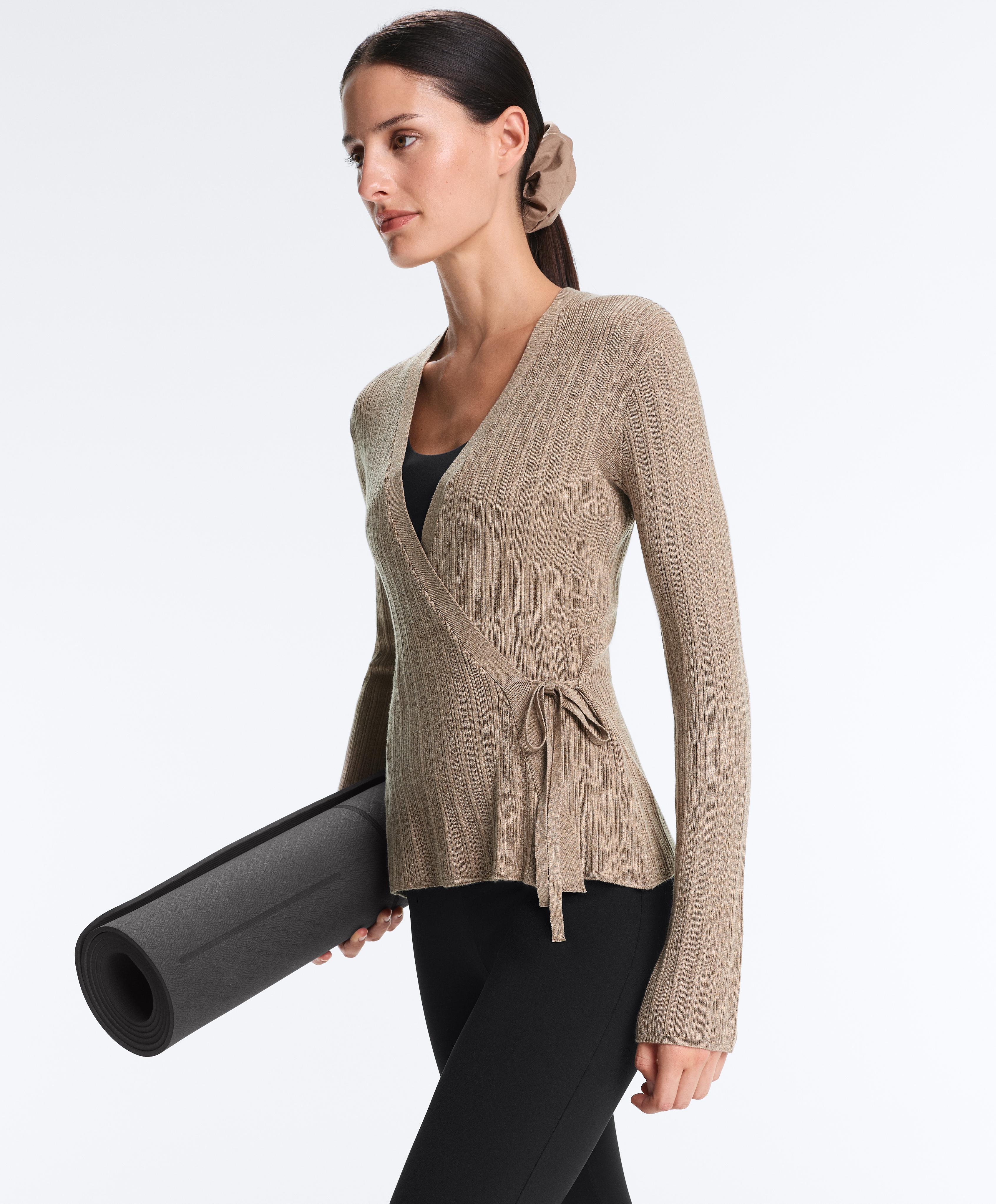 Rib knit jacket with side tie fastening — DARK TAUPE