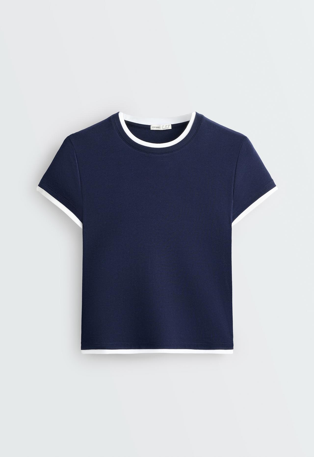 Cotton blend double rib effect short sleeve T-shirt — NAVY BLUE