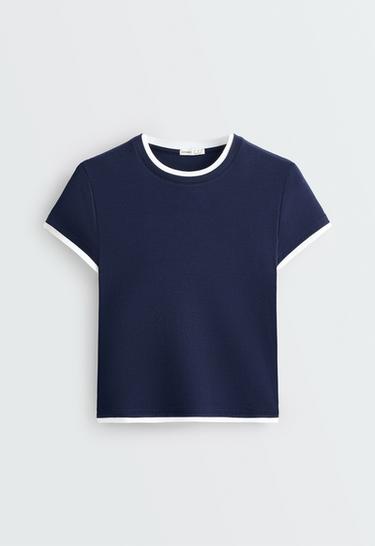 Cotton blend double rib effect short sleeve T-shirt — NAVY BLUE 5