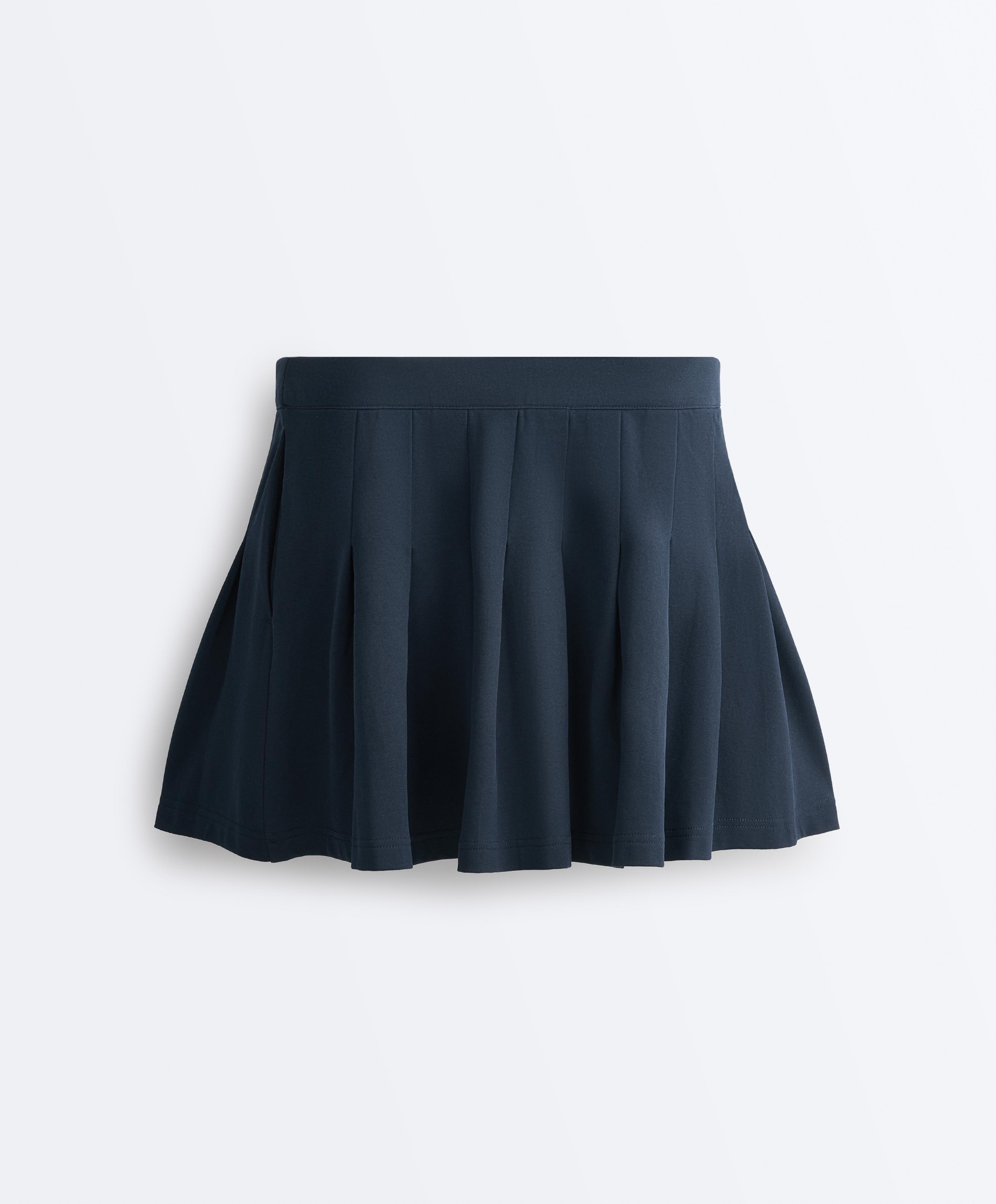 Cotton piqué pleated mini skirt — NAVY BLUE