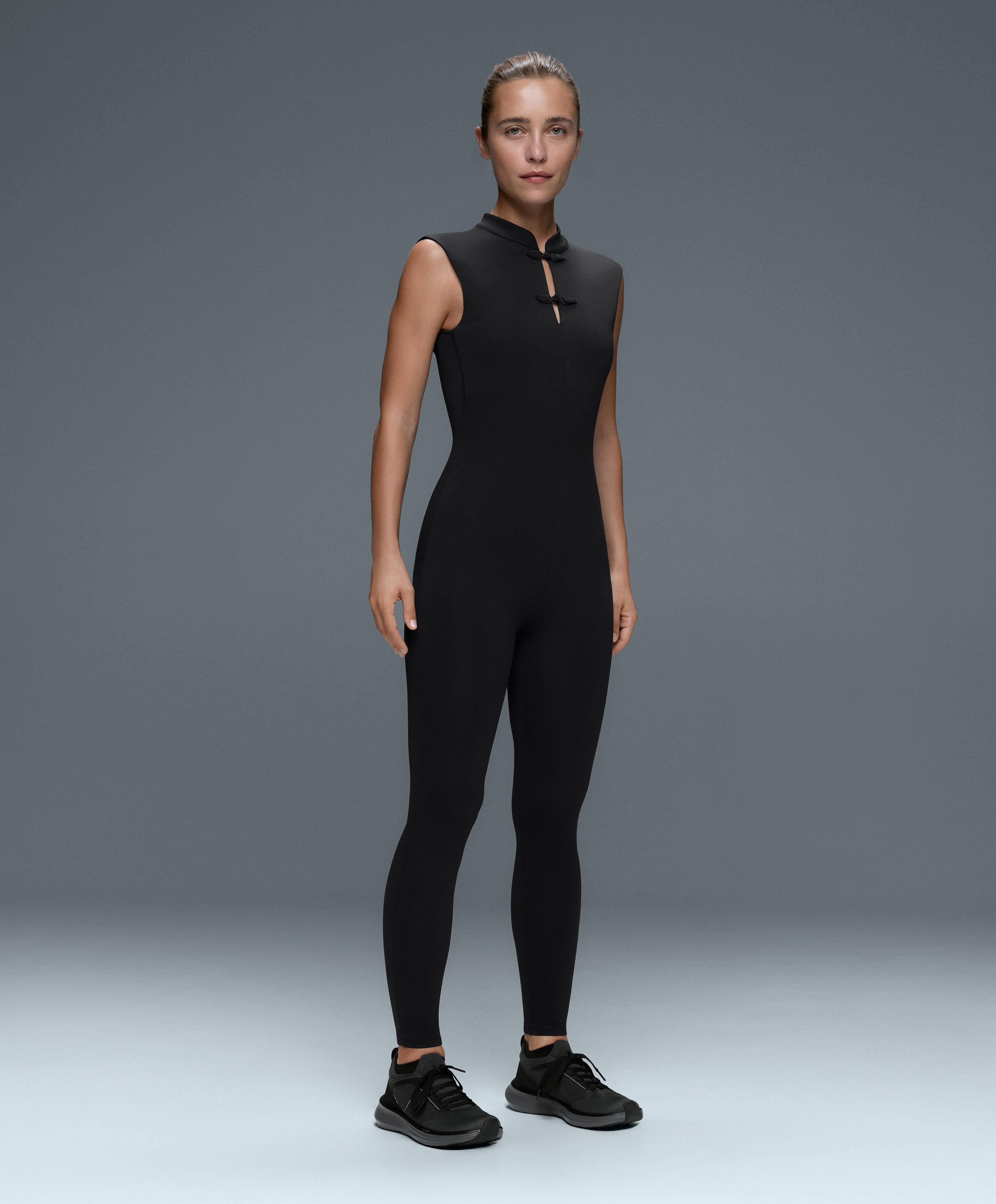 Comfortlux long jumpsuit with mandarin collar — BLACK