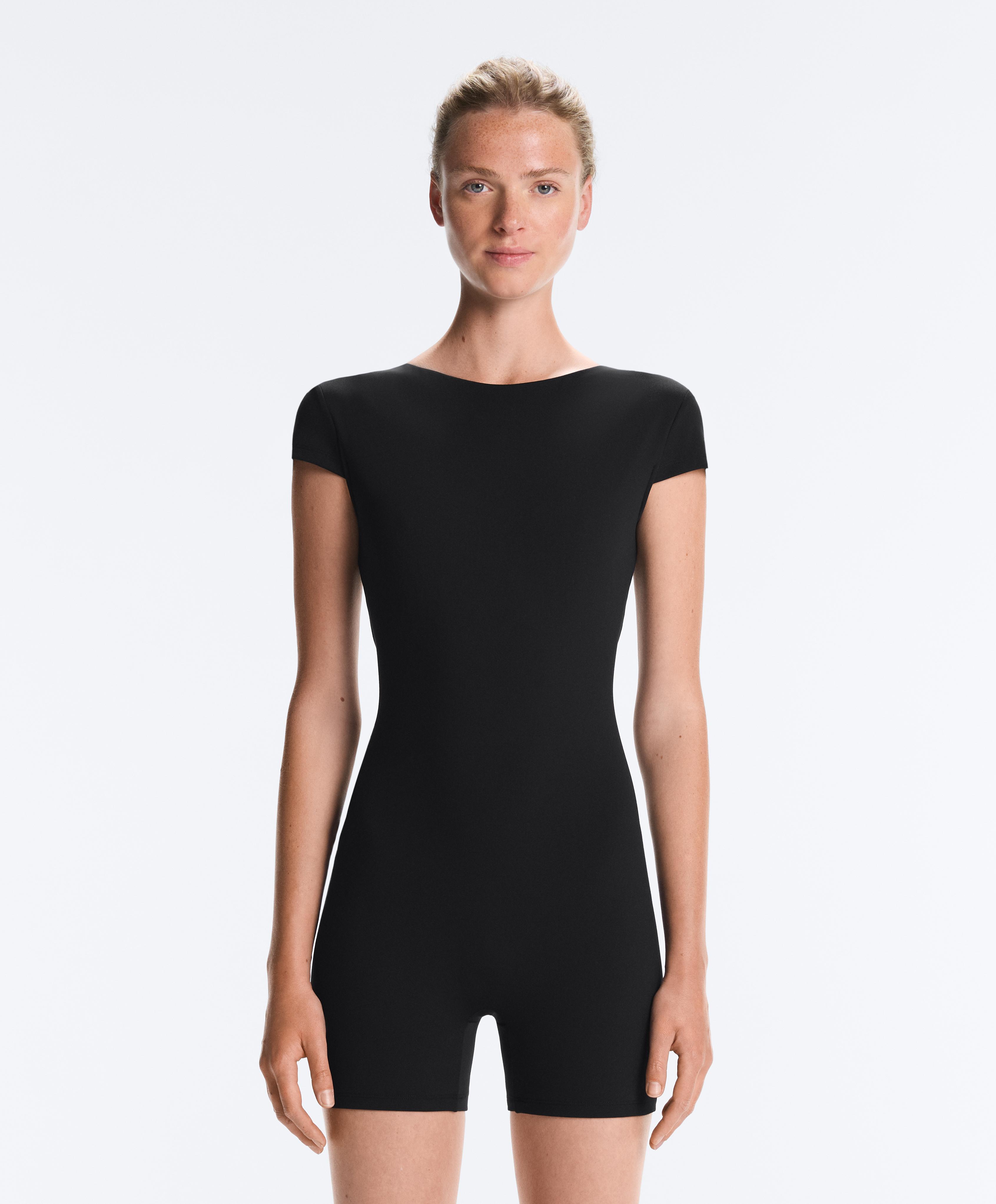 Comfortlux open-back short jumpsuit — BLACK