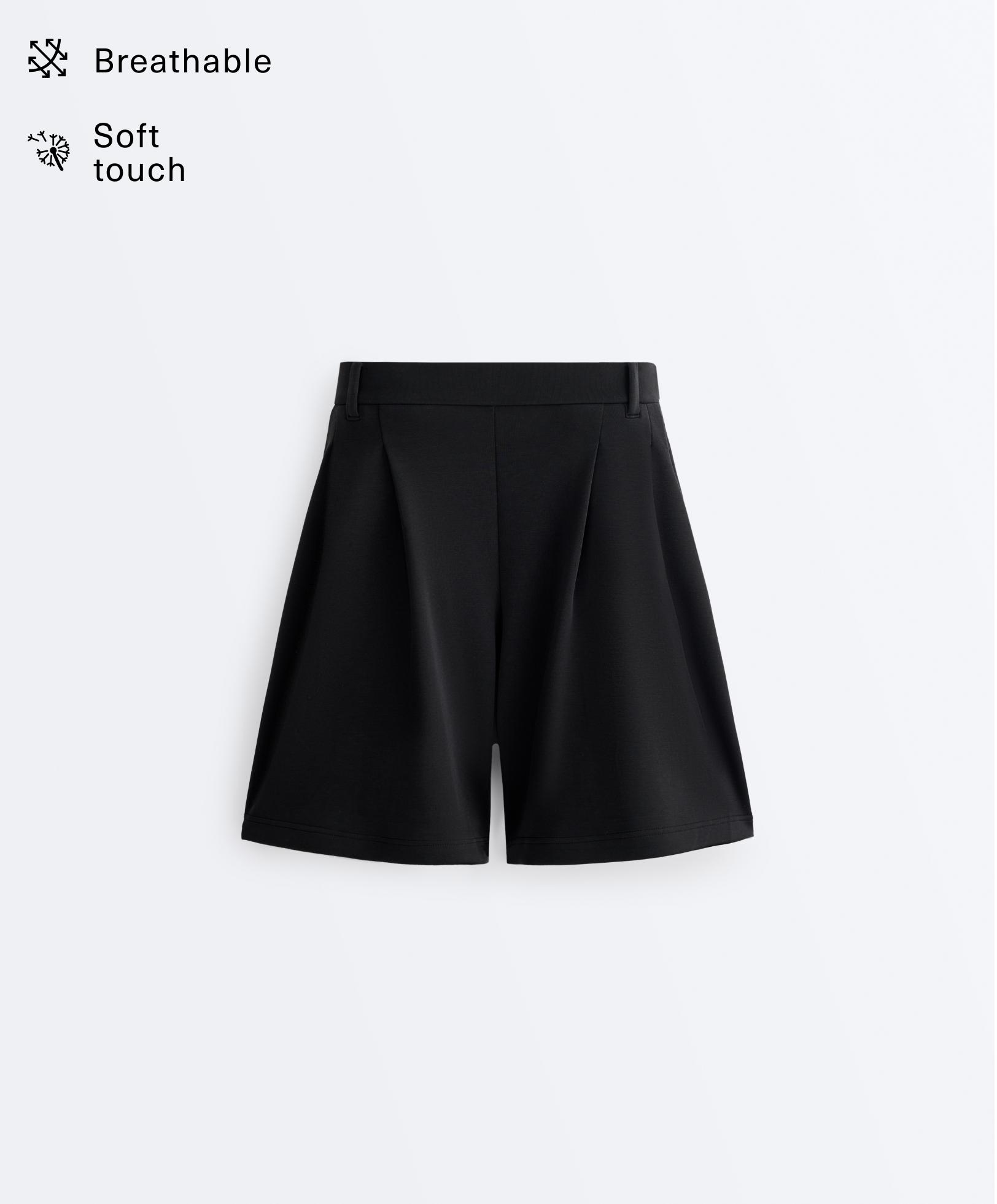 Soft-touch modal Bermuda shorts with pleats — BLACK