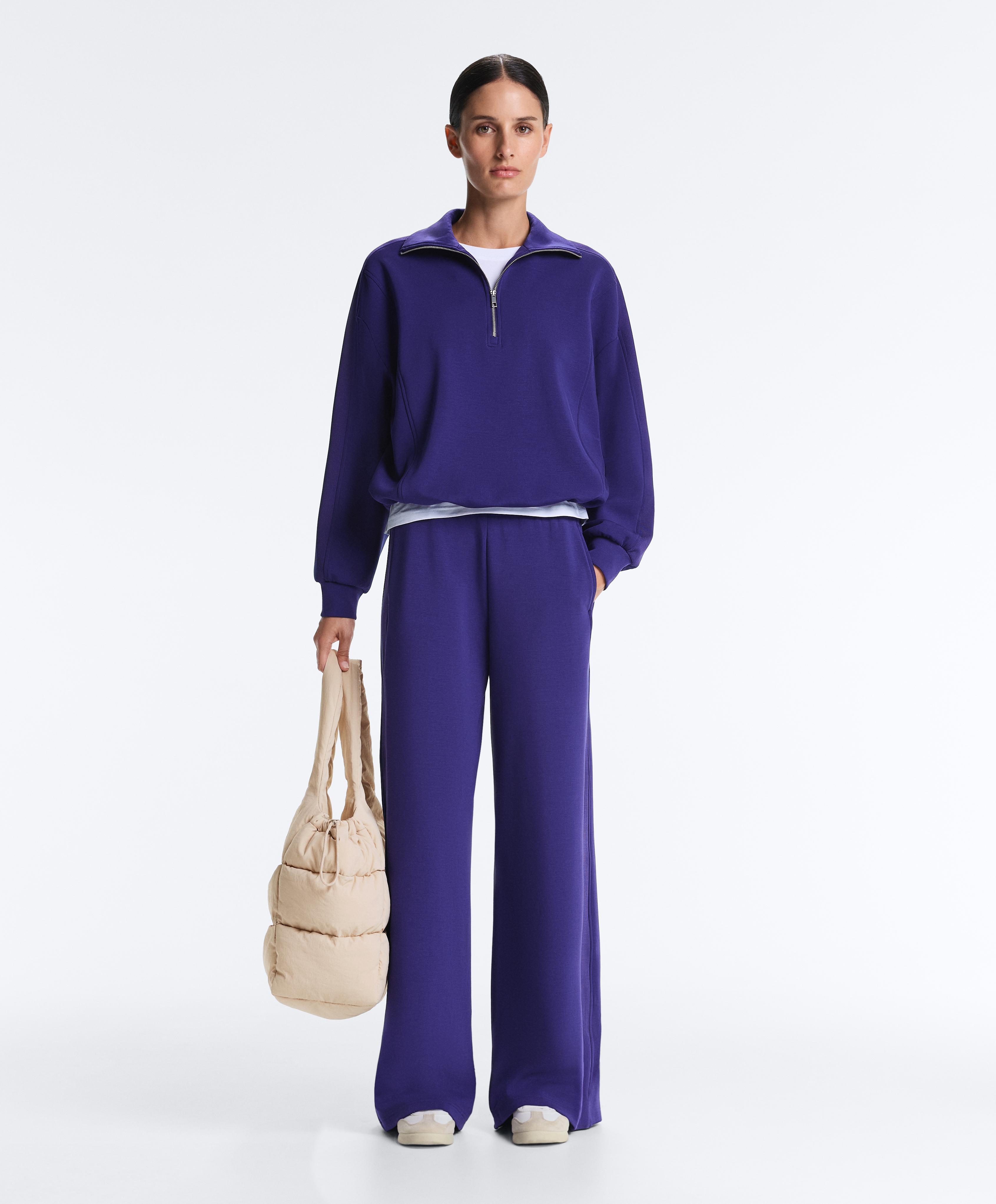 Wide-leg rib straight trousers with brushed modal — COBALT