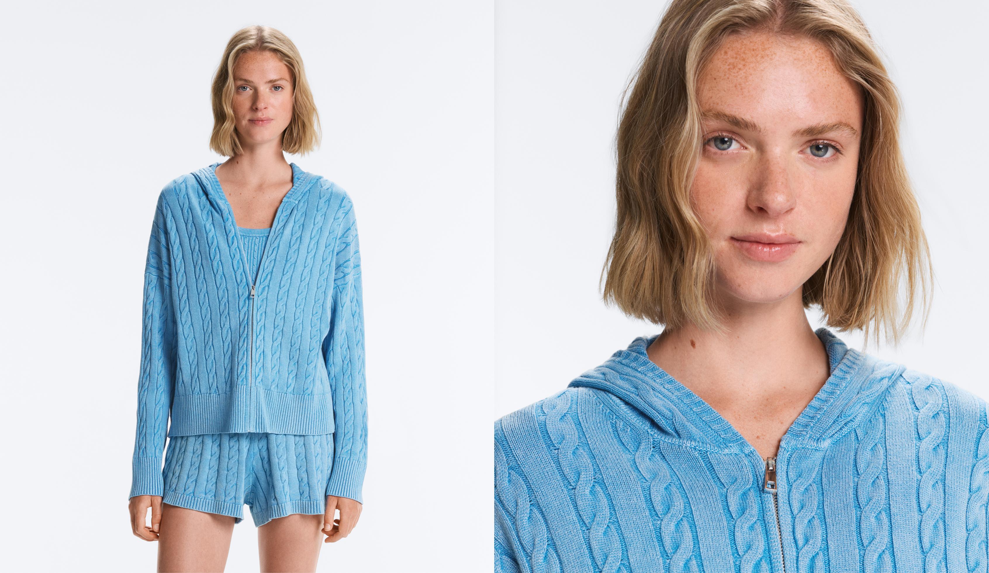 Washed cable knit hooded jacket