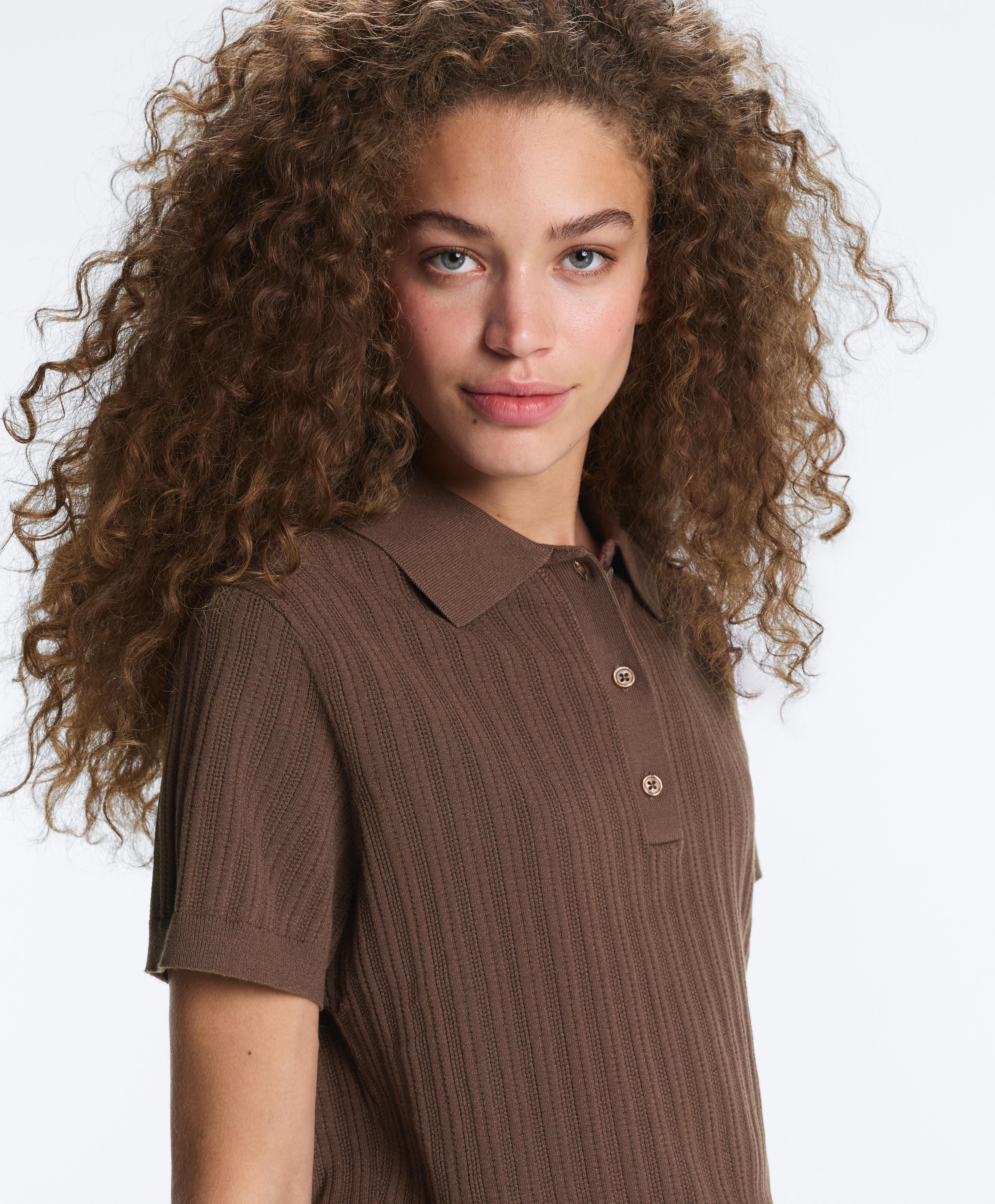 Short sleeve open knit polo shirt — MID-BROWN
