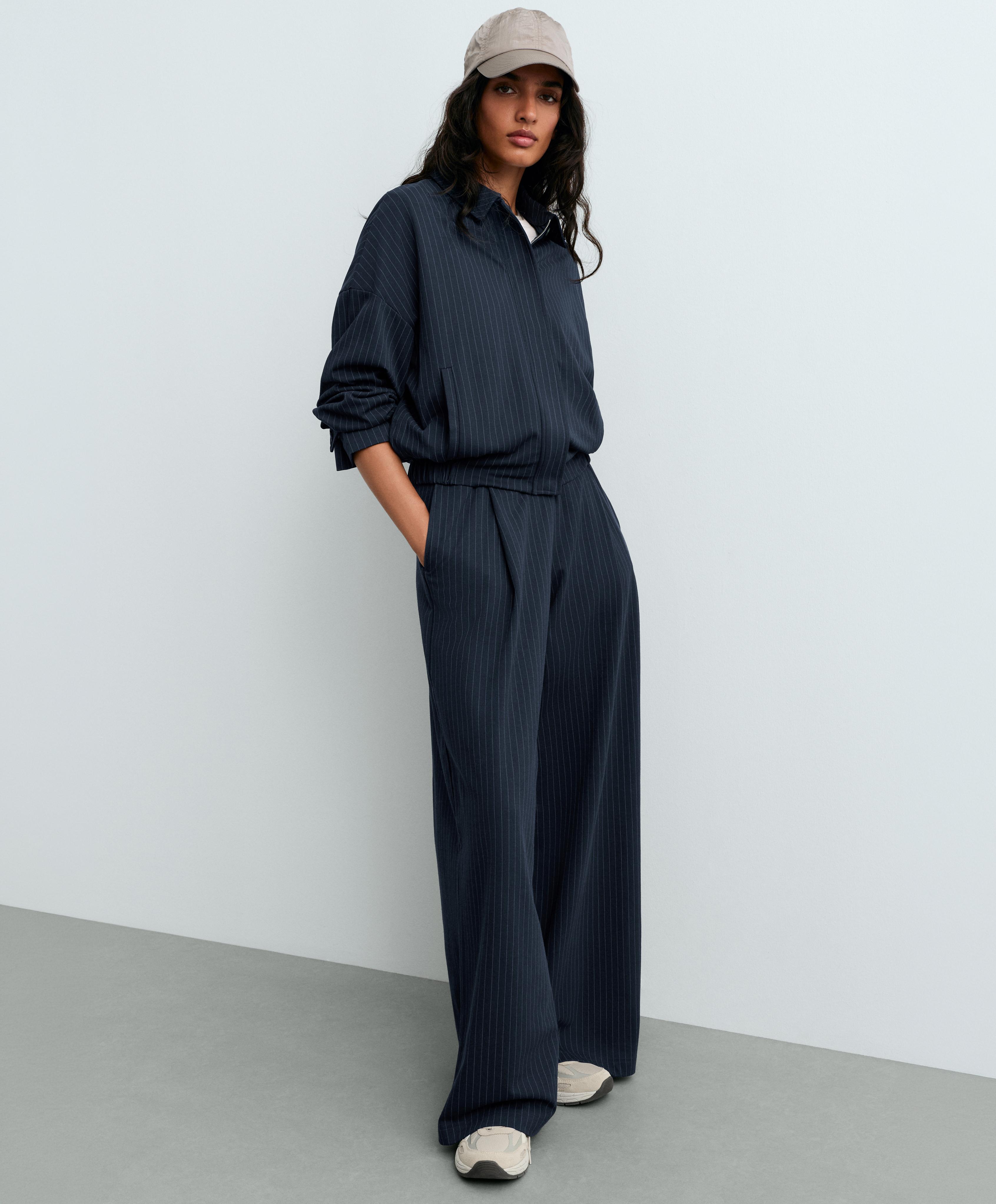 Pinstripe cotton pique wide-leg trousers — NAVY BLUE