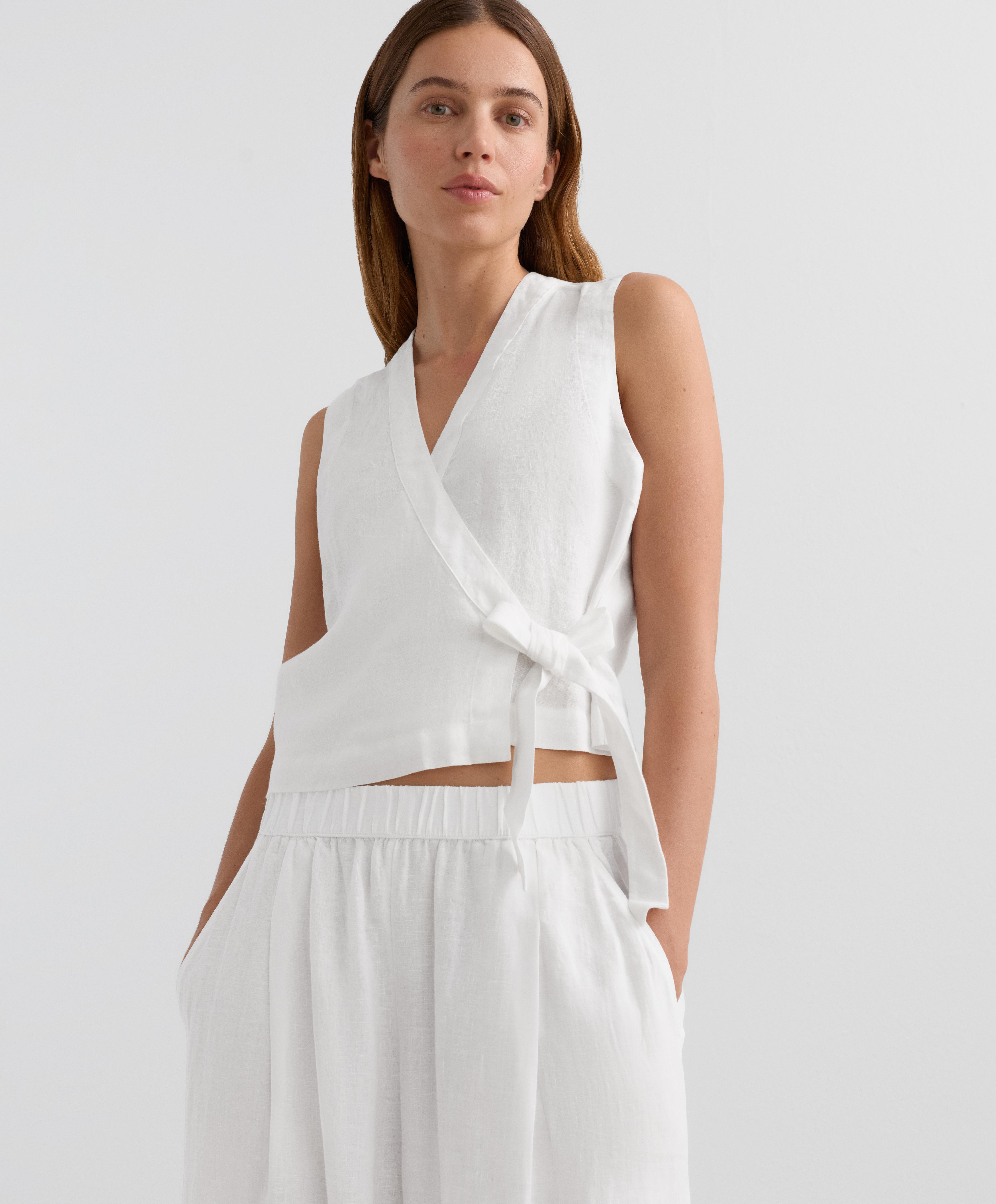 100% linen crossover top with tie fastening — WHITE 