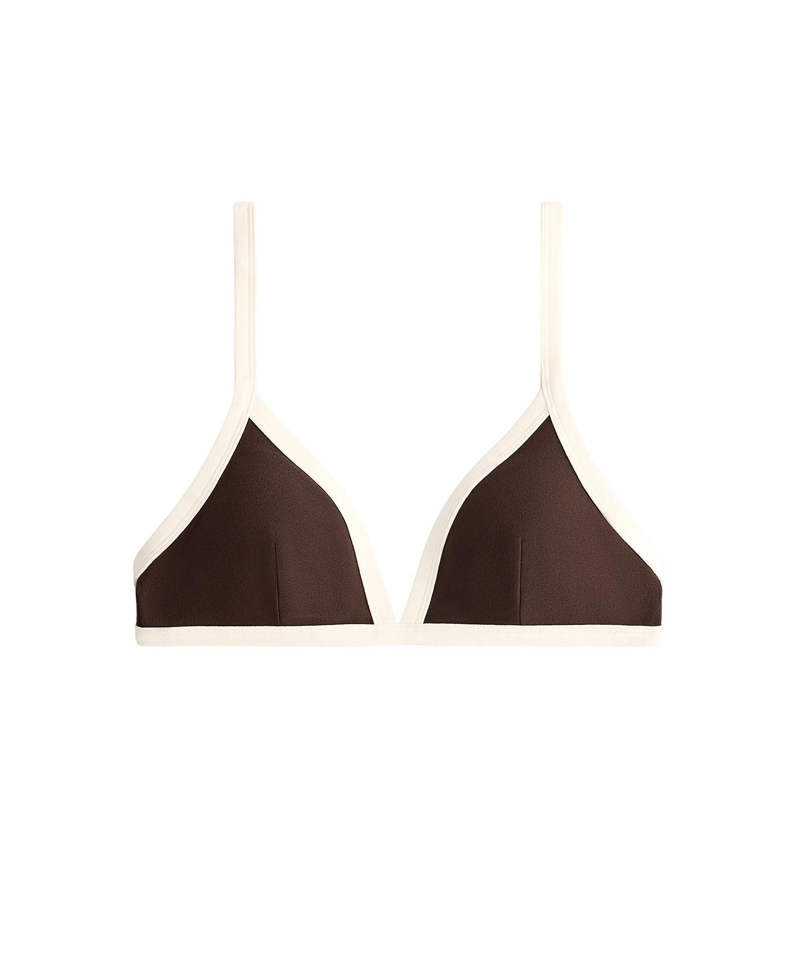 Contrast trim triangle bikini top — DARK BROWN