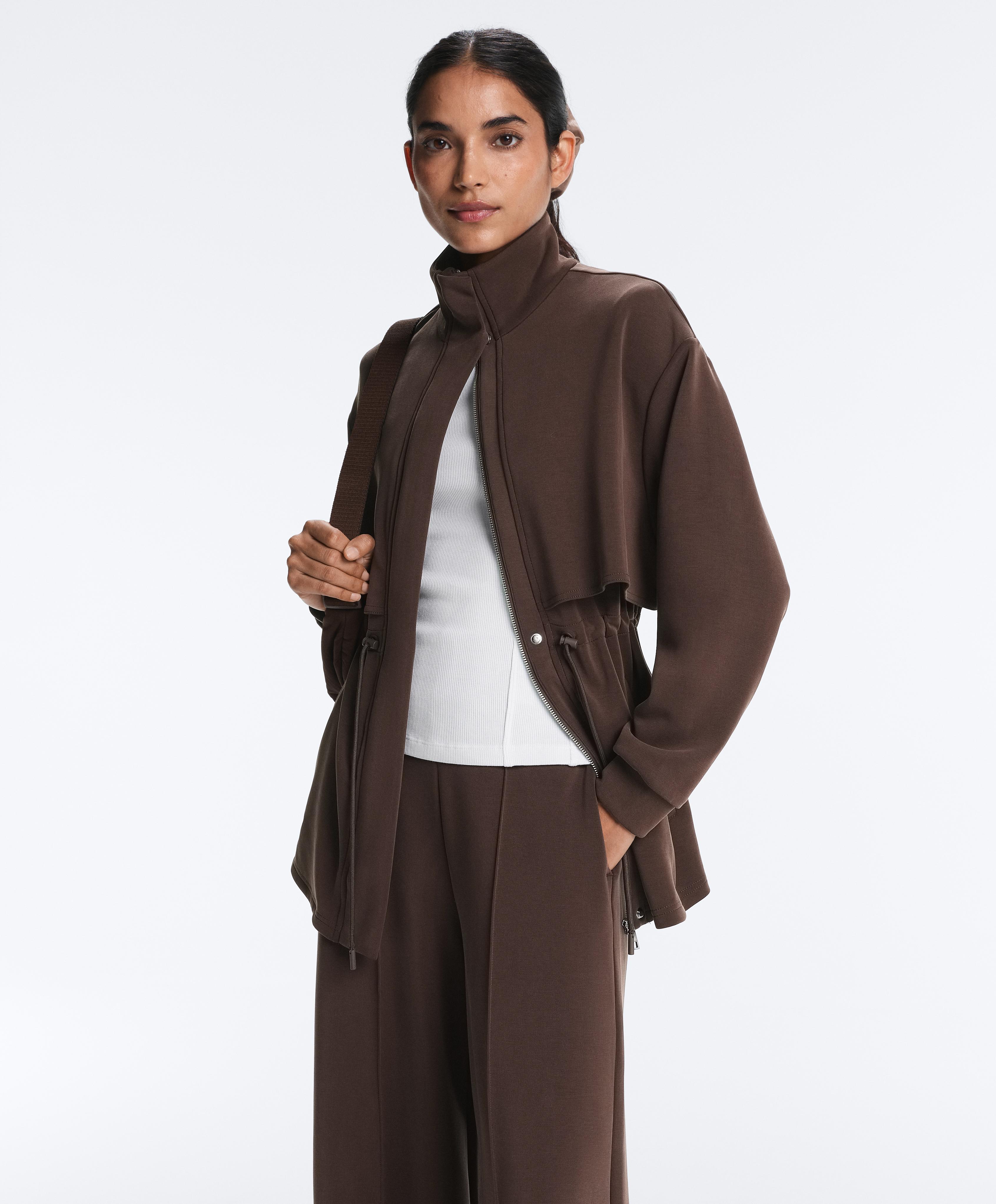 Long soft-touch jacket with modal and pockets — BROWN