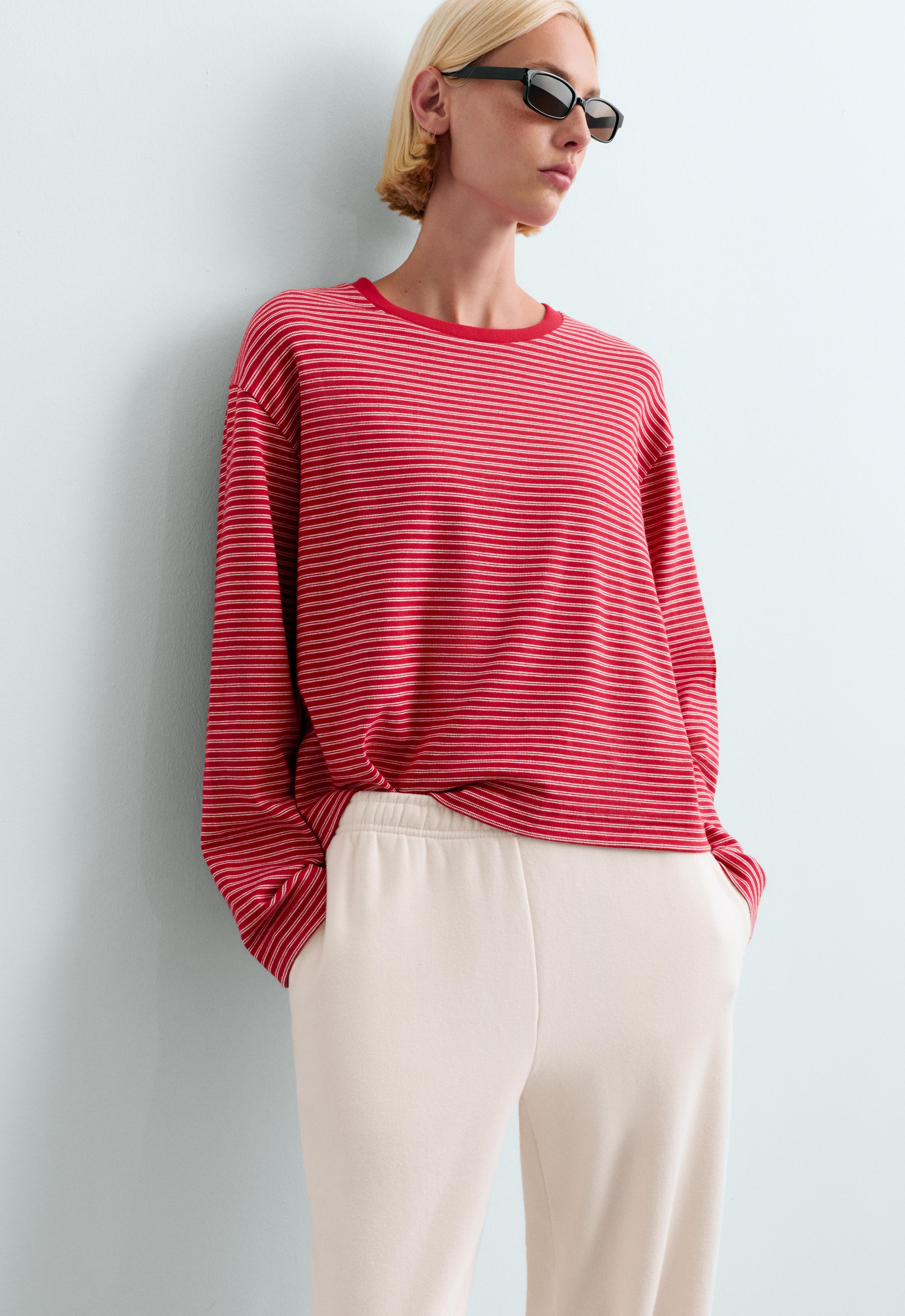 Striped boxy long-sleeved cotton-blend T-shirt