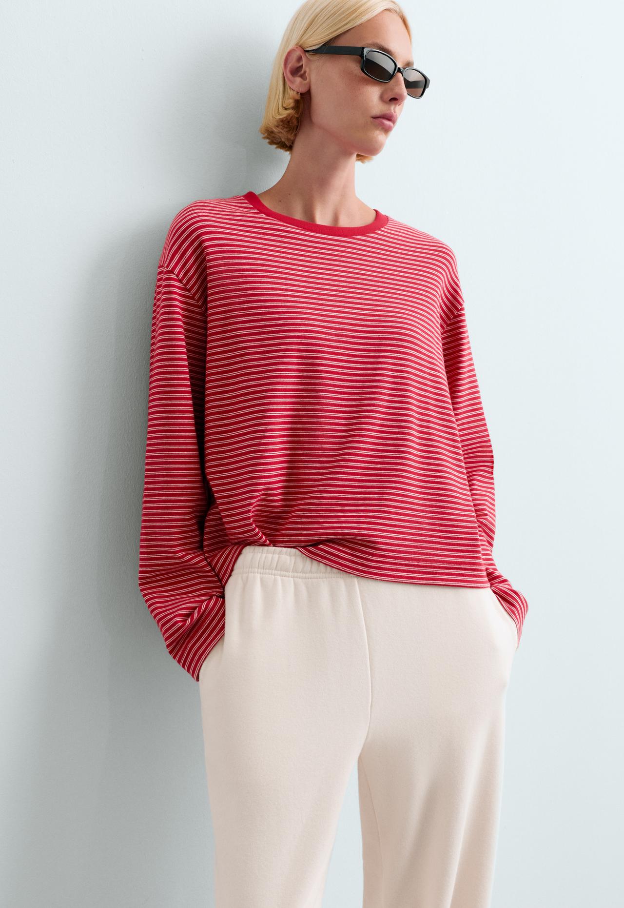 Striped boxy long-sleeved cotton-blend T-shirt — RED