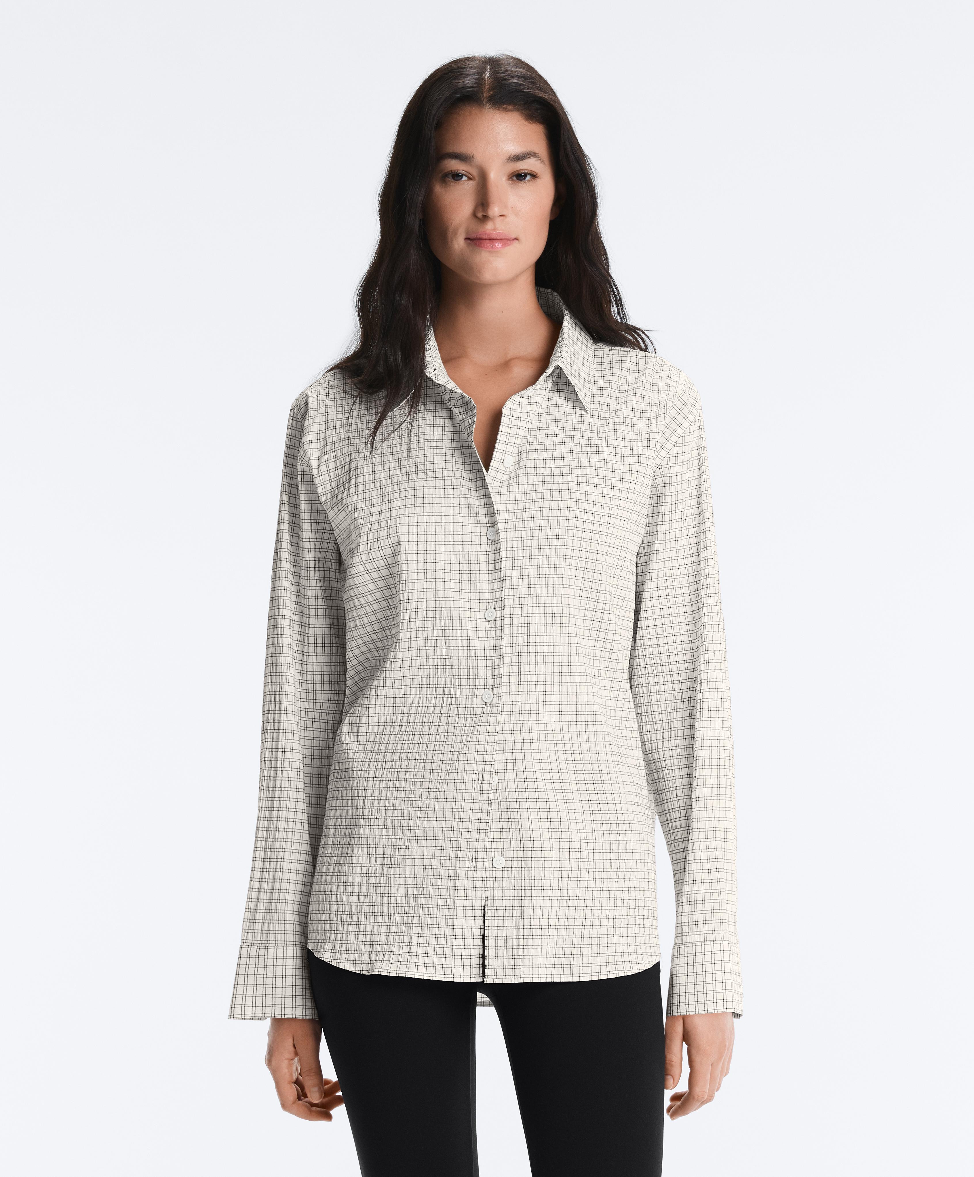 Cotton blend check long sleeve shirt — WHITE