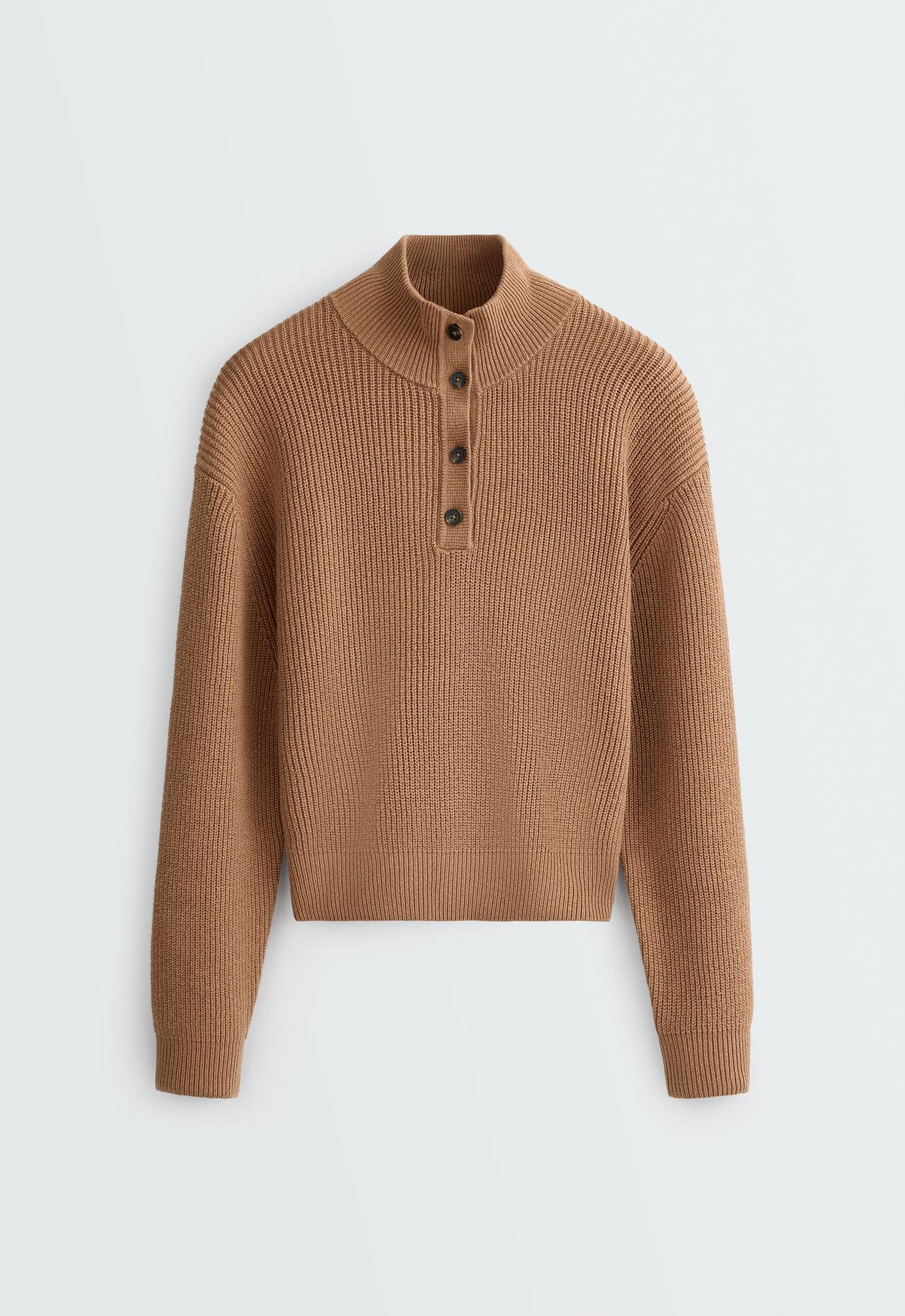 Knit jumper with cotton, 20% wool and buttons — DARK CAMEL