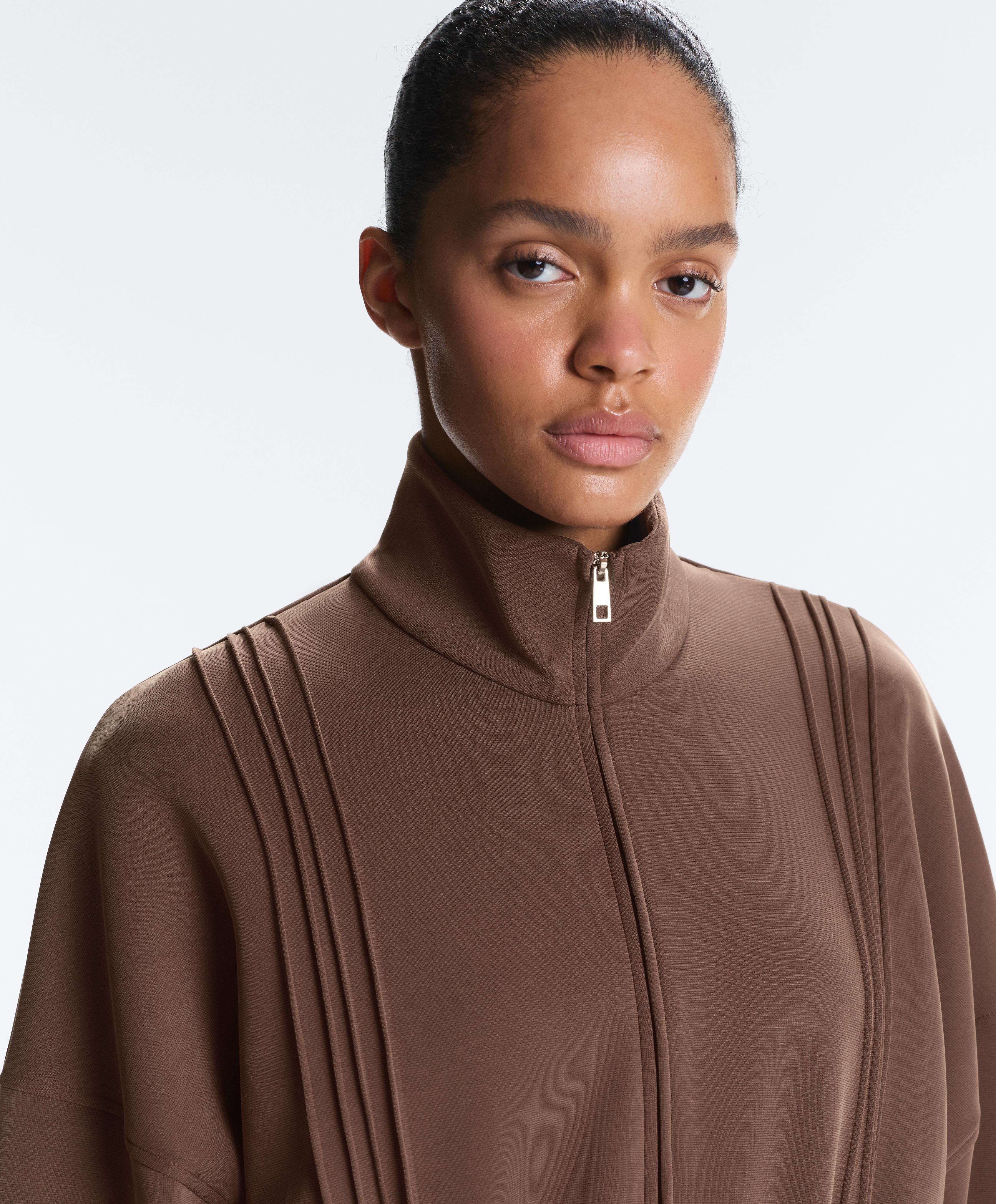 Long jacket with ribbed high neck and soft-touch modal — MID-BROWN
