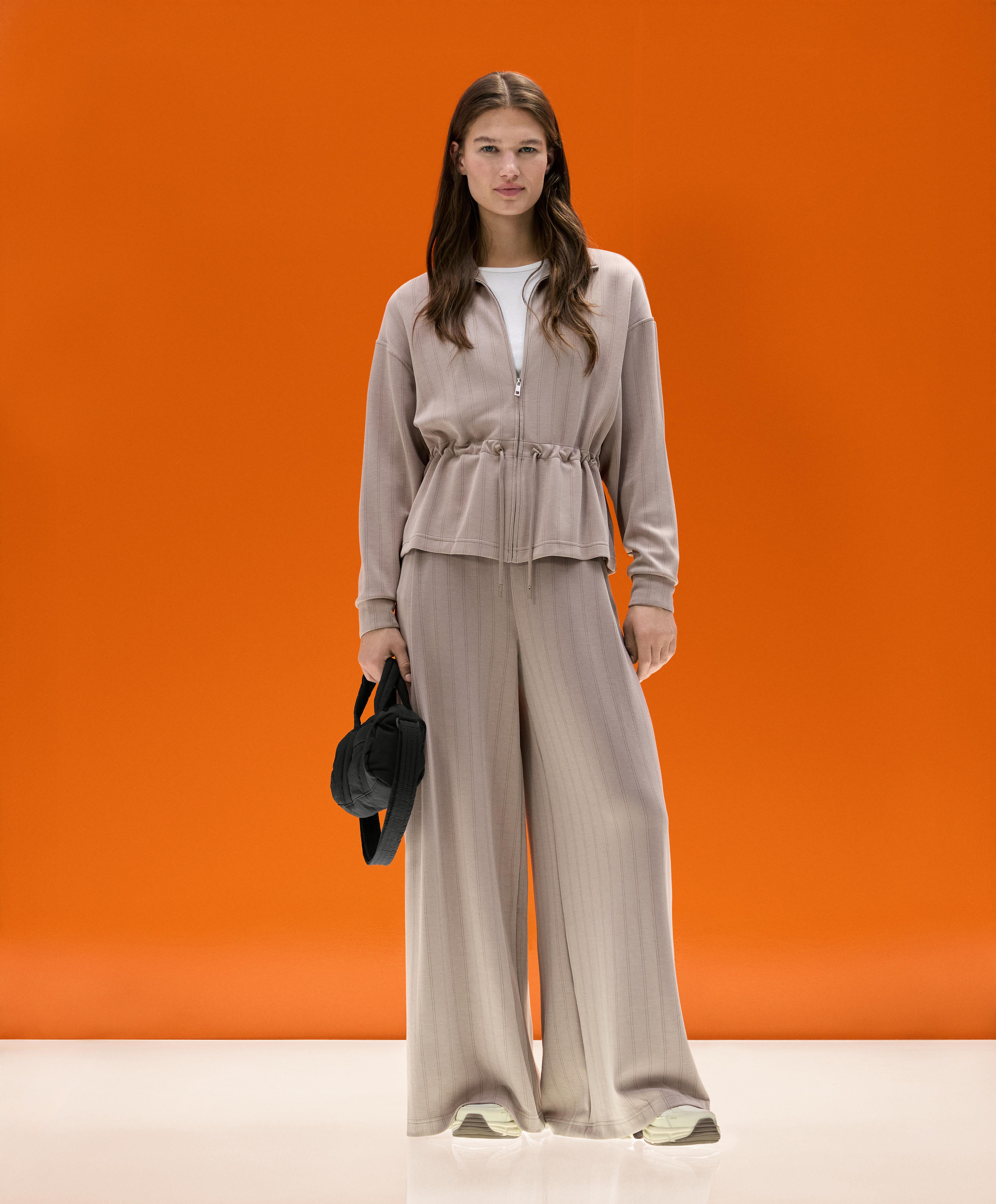 Soft-touch modal jacket with adjustable waist and high collar — PALE TAUPE