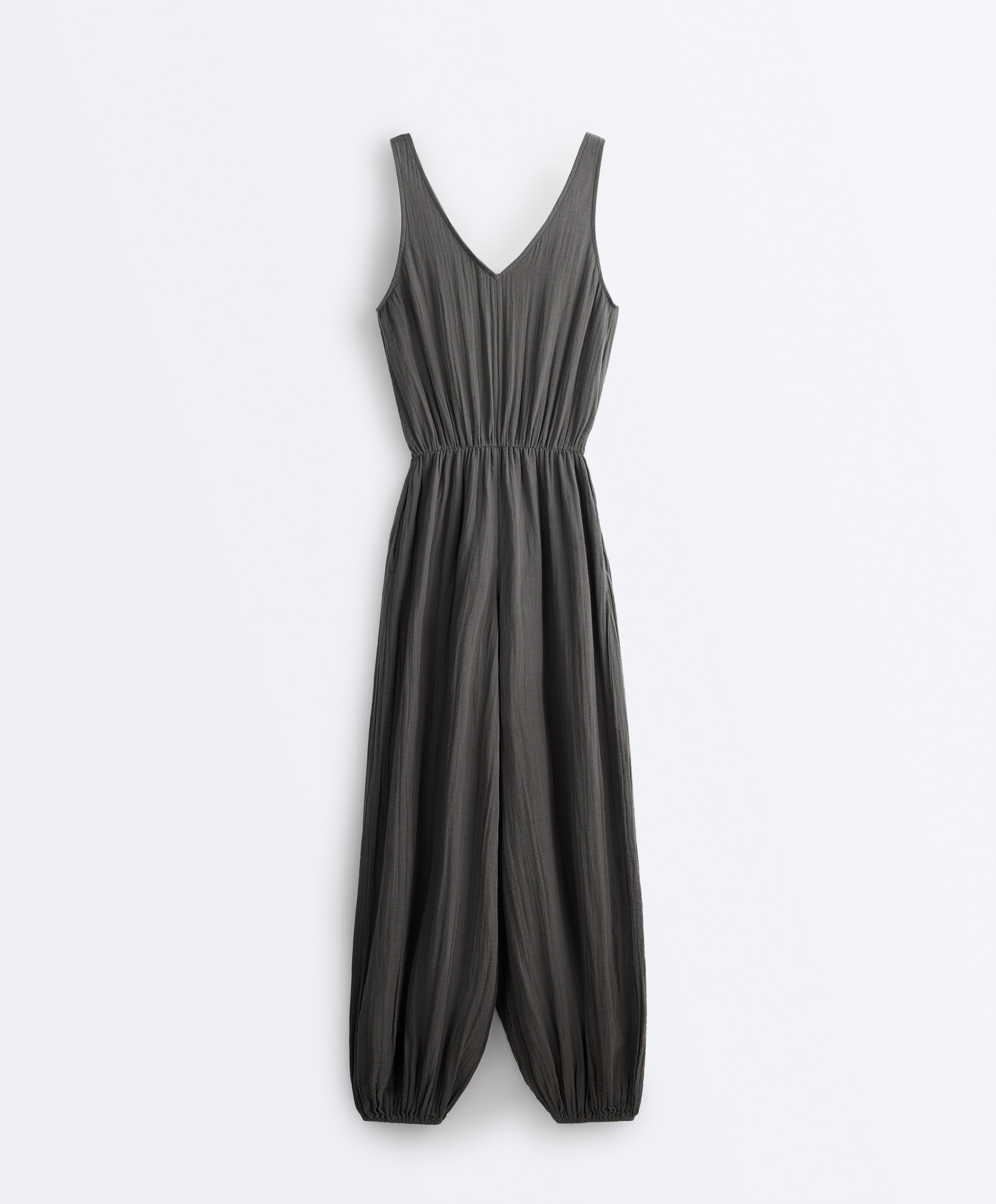 100% cotton crinkle long jumpsuit — ASPHALT