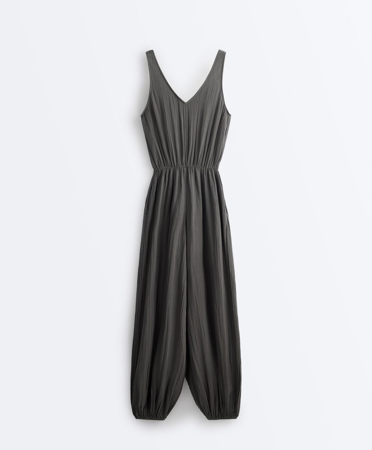 100% cotton crinkle long jumpsuit — ASPHALT