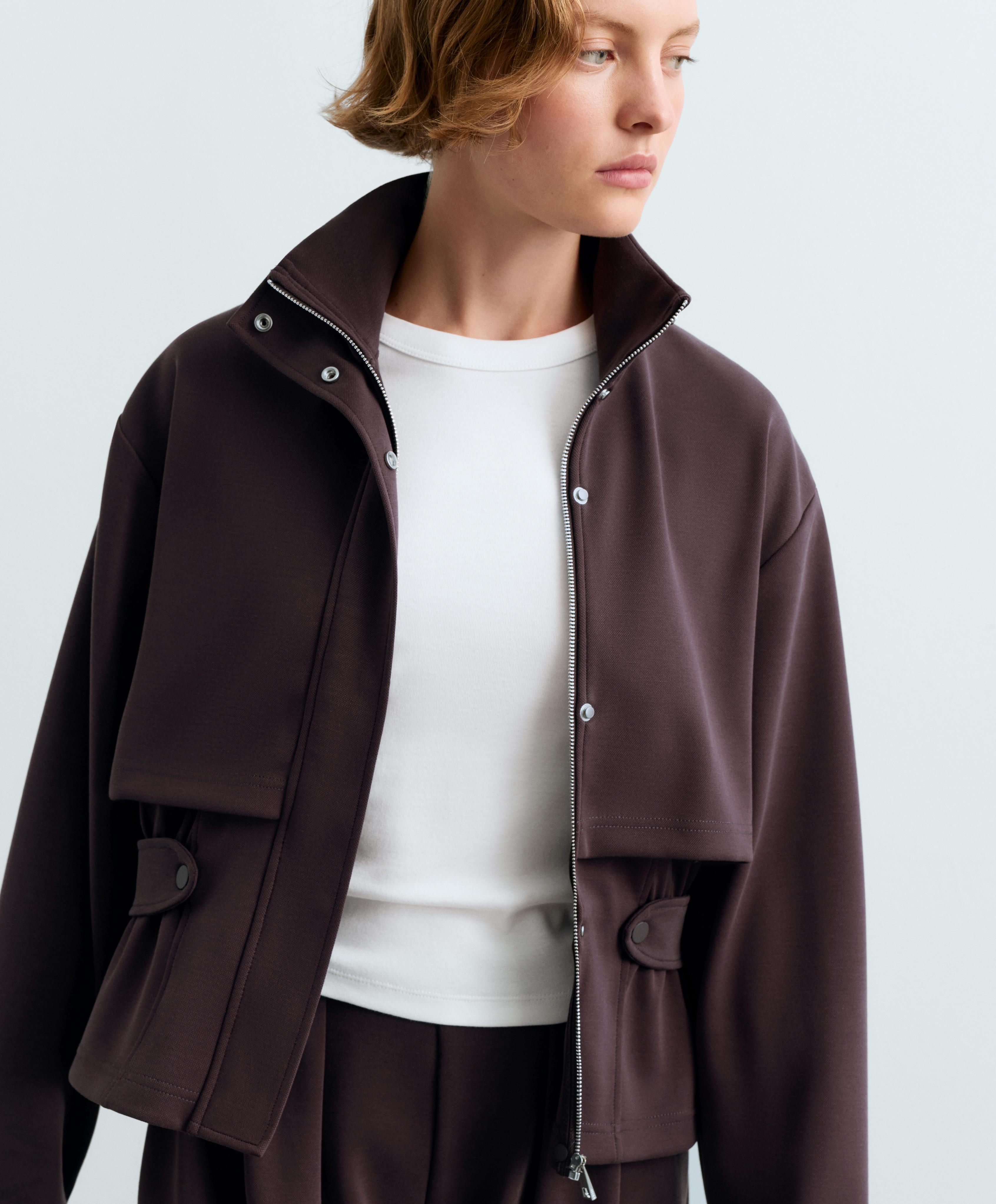 Short piqué jacket with belt — Purplish brown