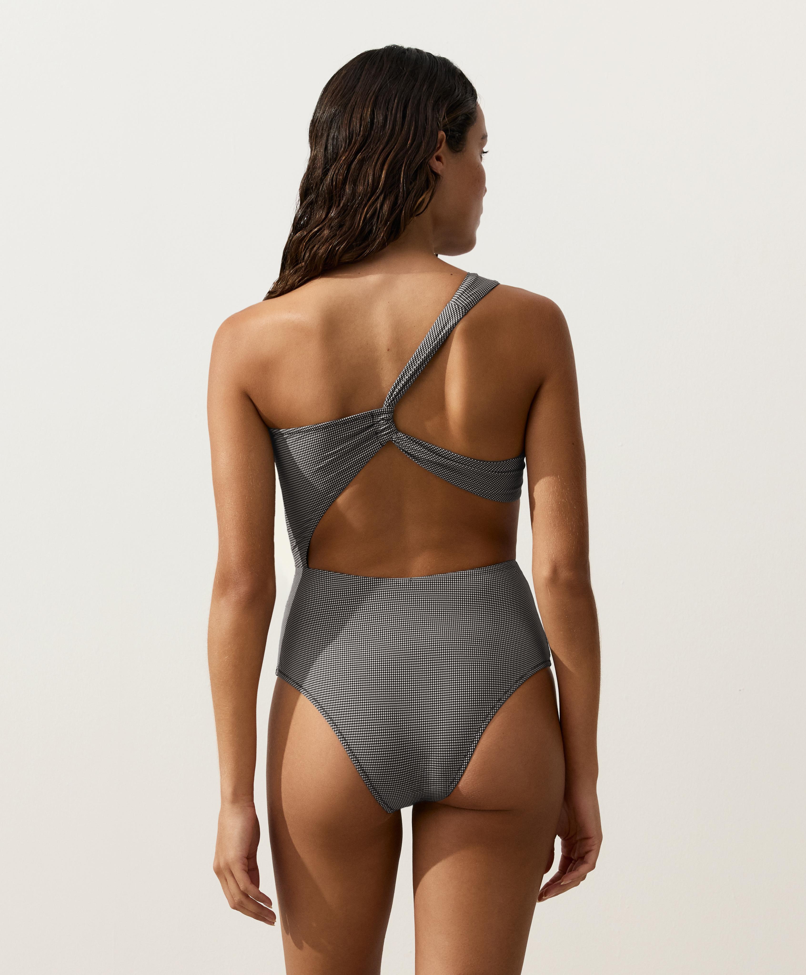 Mini gingham asymmetric trikini — BLACK