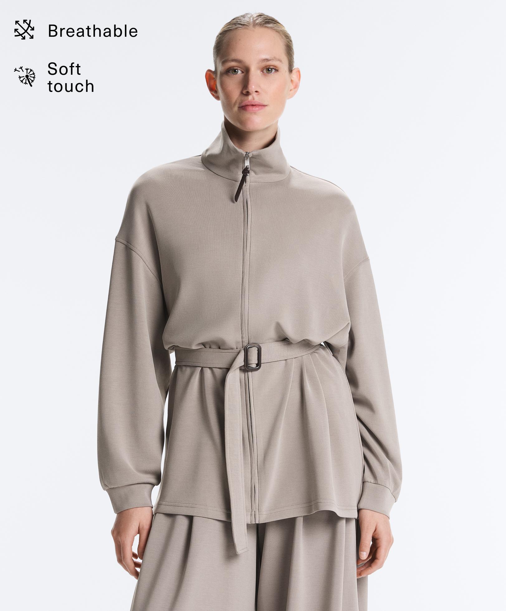 Long corset jacket with soft-touch modal belt