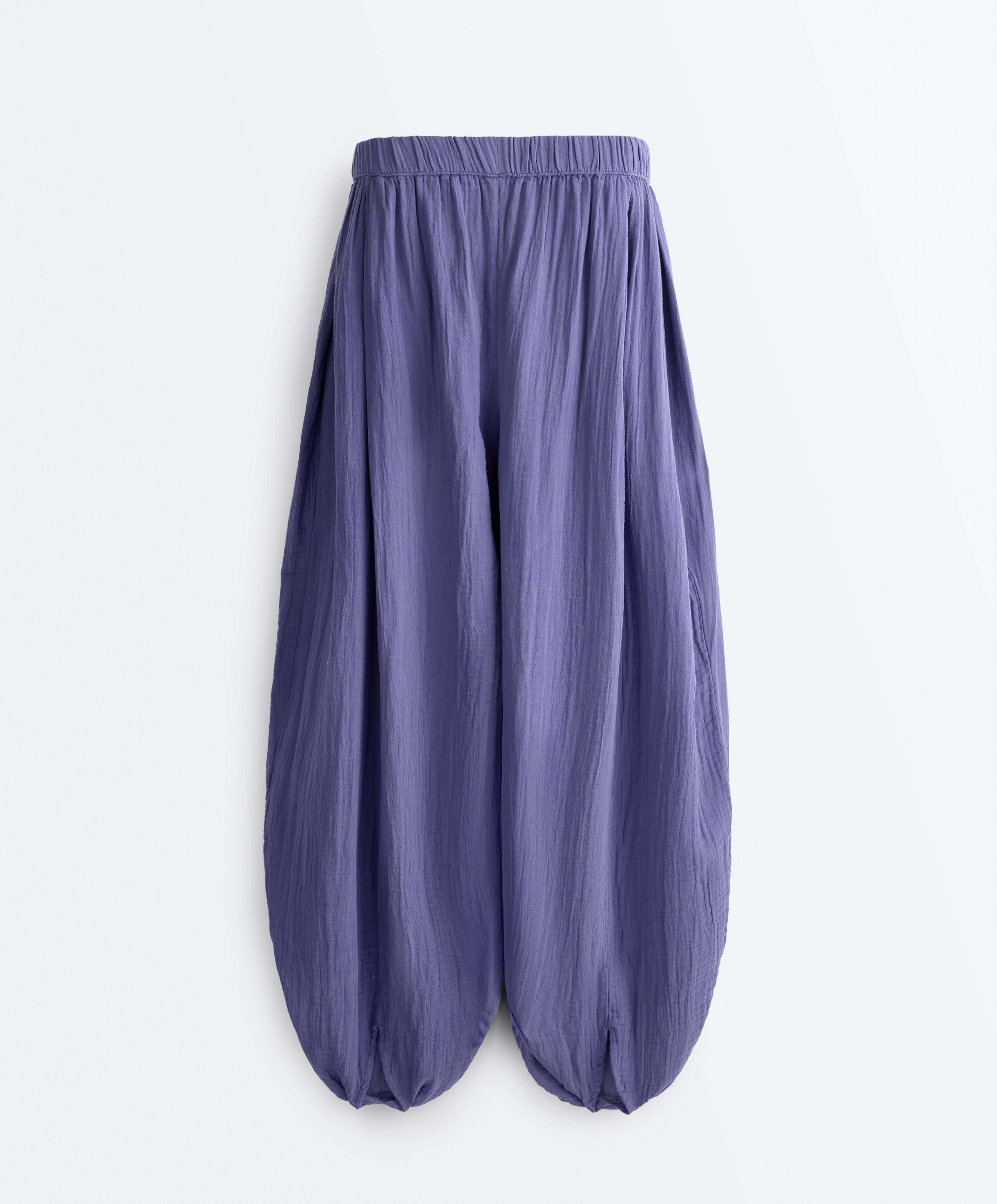 100% cotton muslin balloon trousers — BLUEBERRY