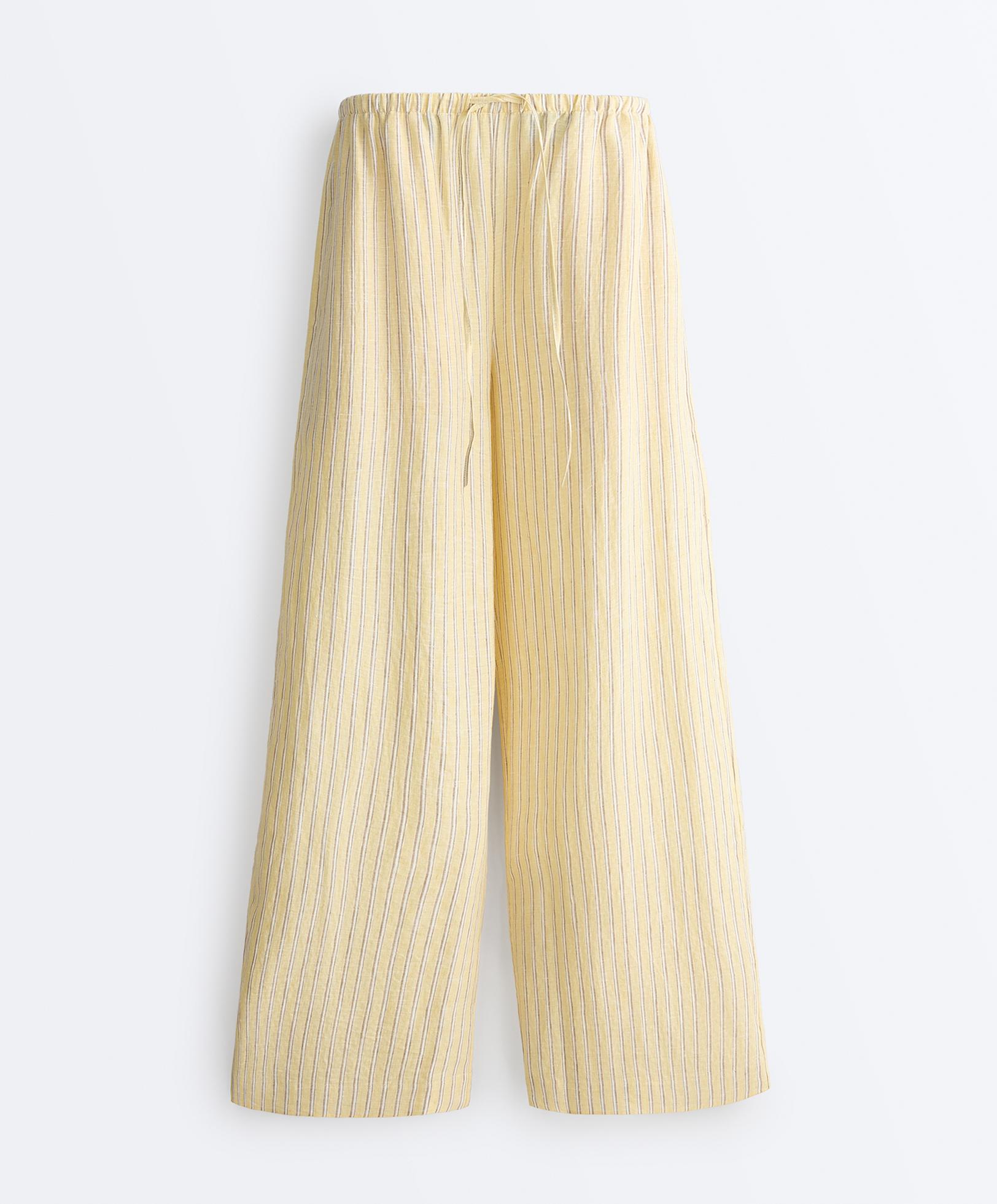100% linen straight-leg print stripe trousers — SOFT YELLOW