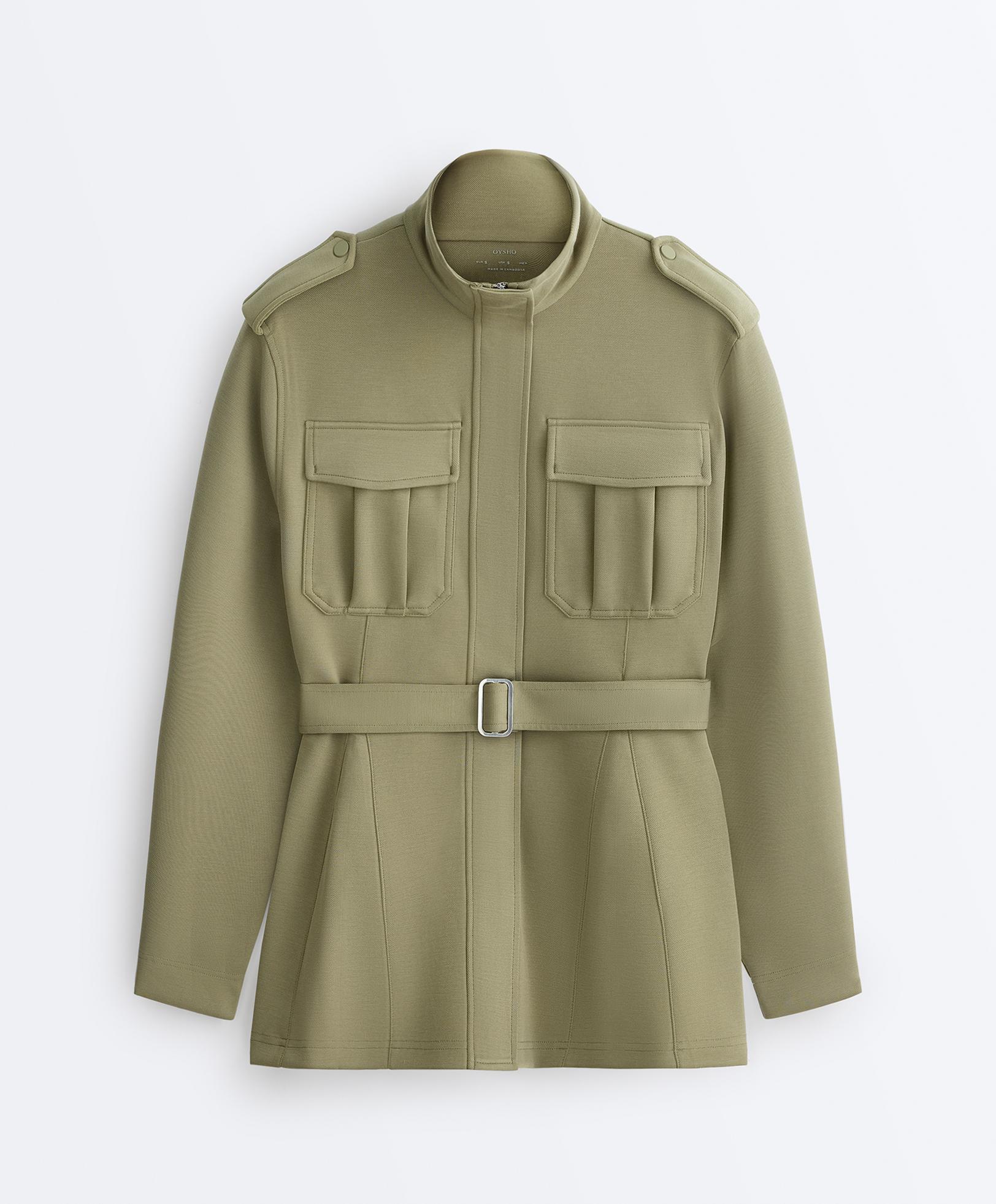 Long utility pique jacket with belt — YELLOW GREEN