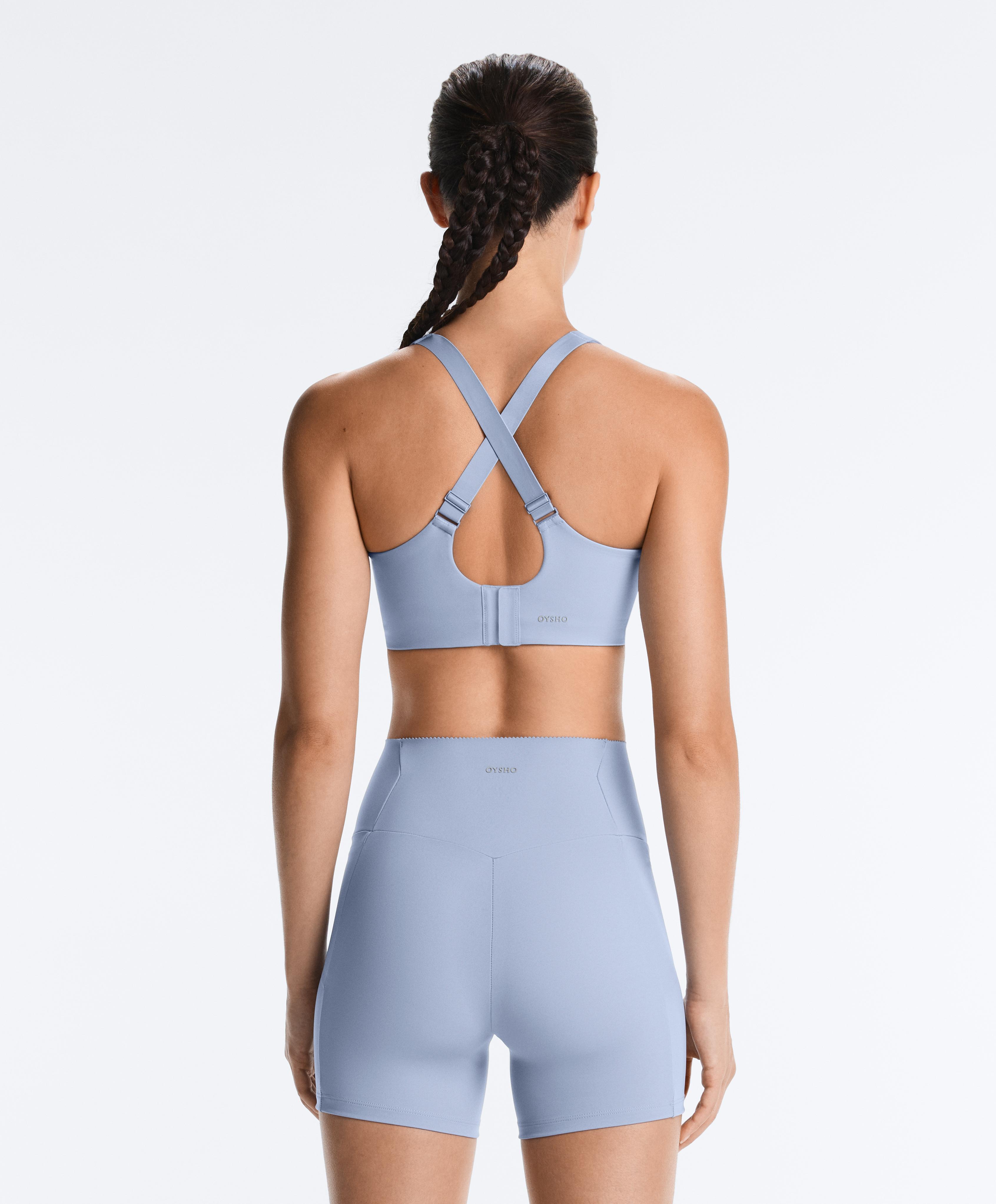 High-support Compressive sports bra with crossover back — MID GREY-BLUE