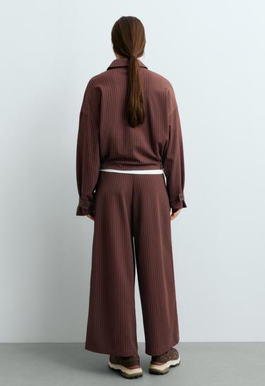 Wide-leg pinstripe piqué cotton crop trousers — CHOCOLATE 5