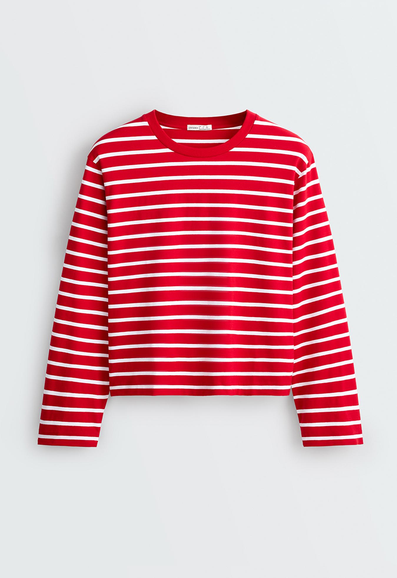 Boxy long-sleeved striped cotton-blend T-shirt — RED
