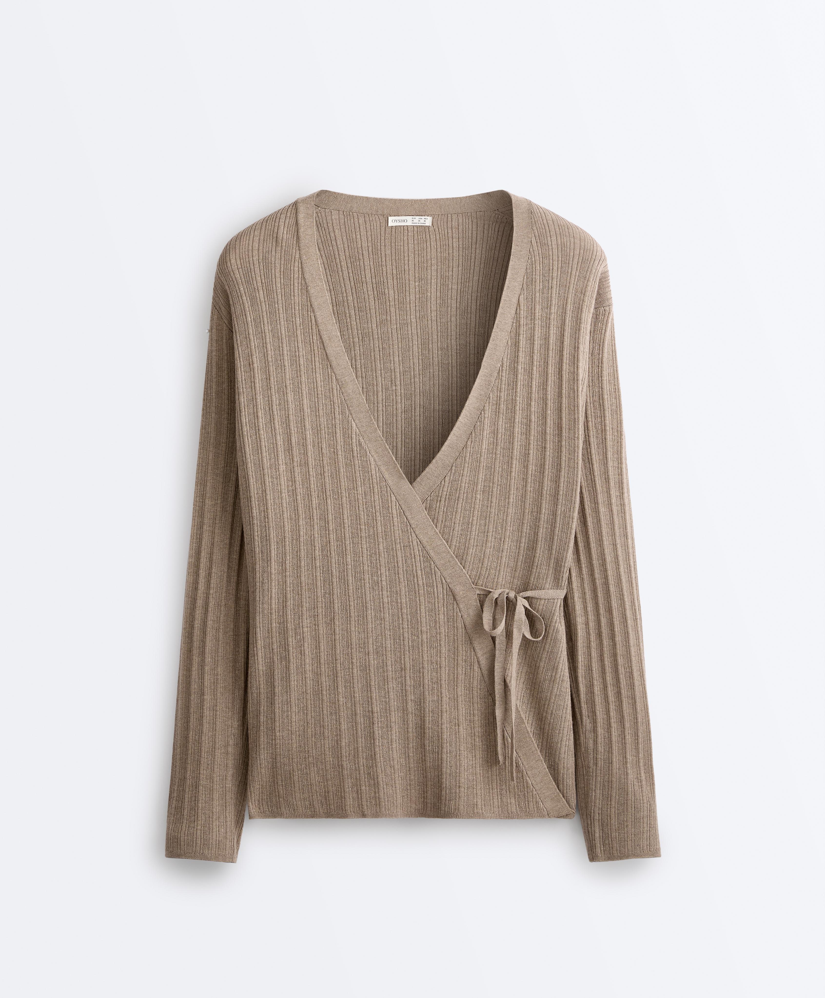 Long rib knit jacket with side tie fastening — DARK TAUPE