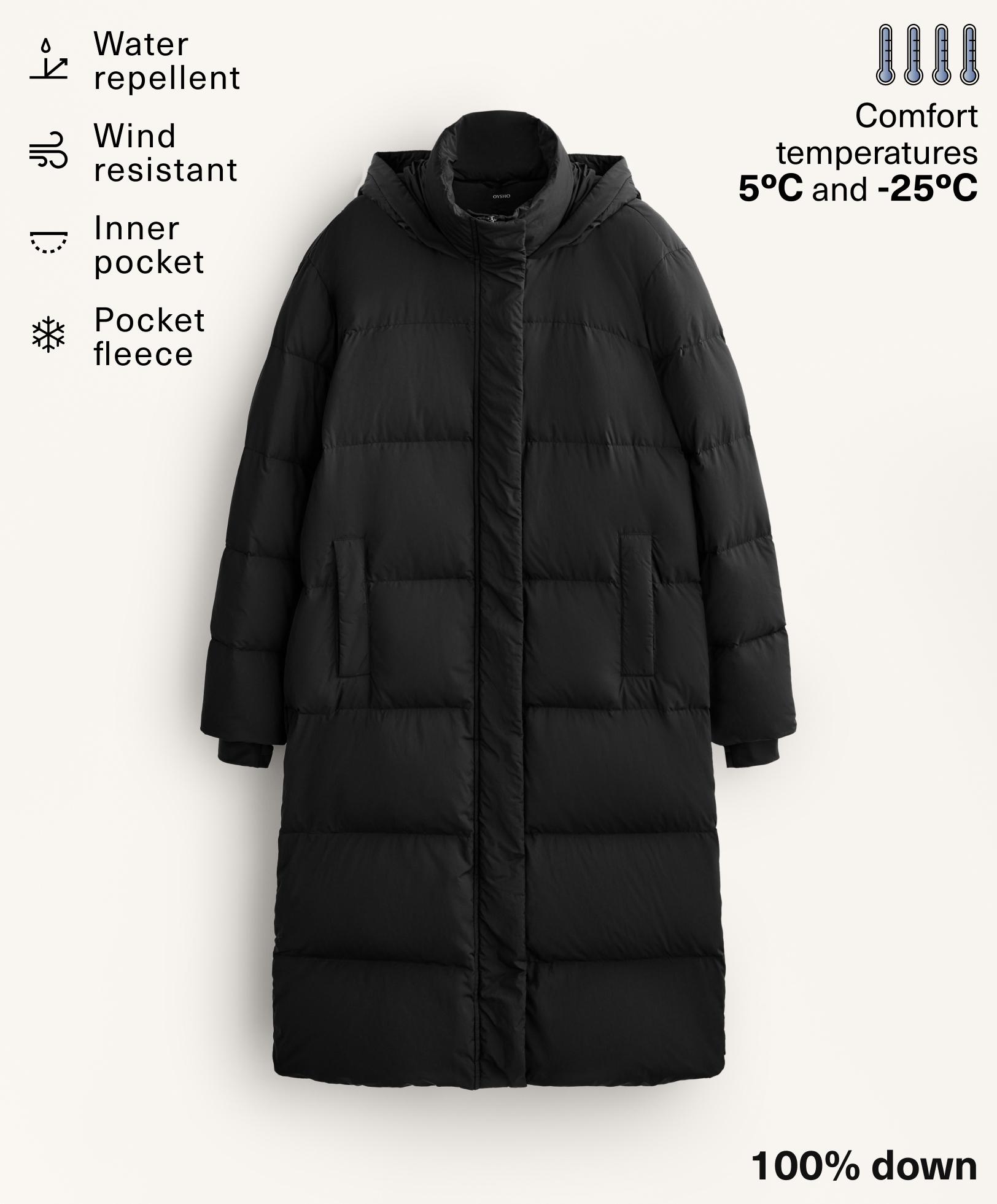 Long 100% down padded jacket — BLACK